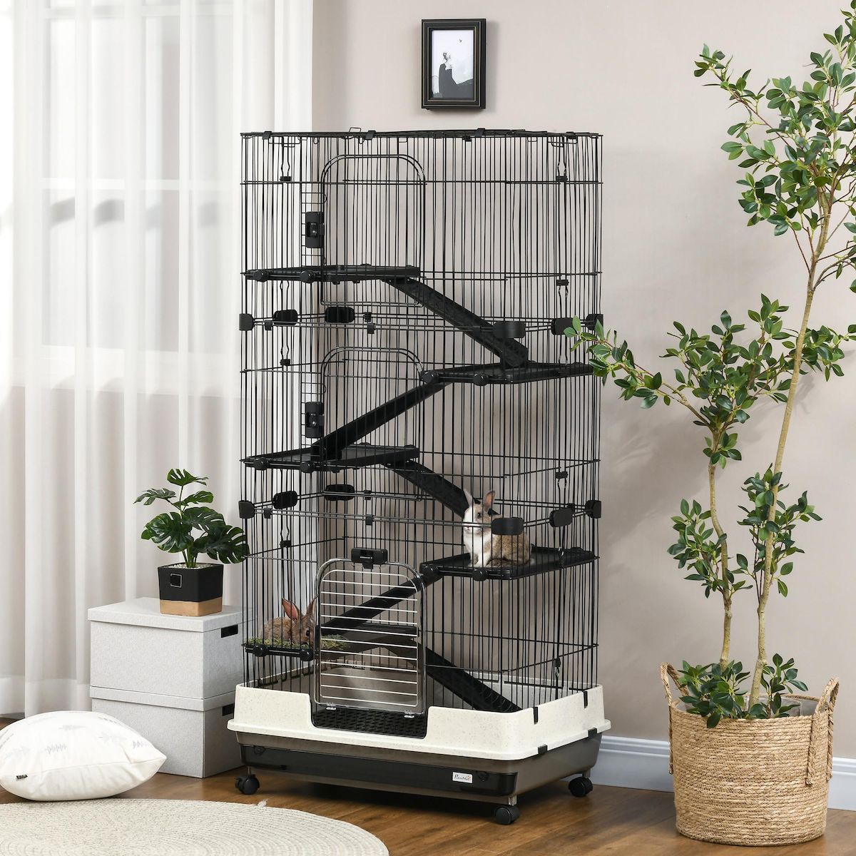 PAWHUT Cage pour cochons d'Inde chinchilla rongeur sur roulettes - 5 étages, 3 portes, plateau déjection - noir gris