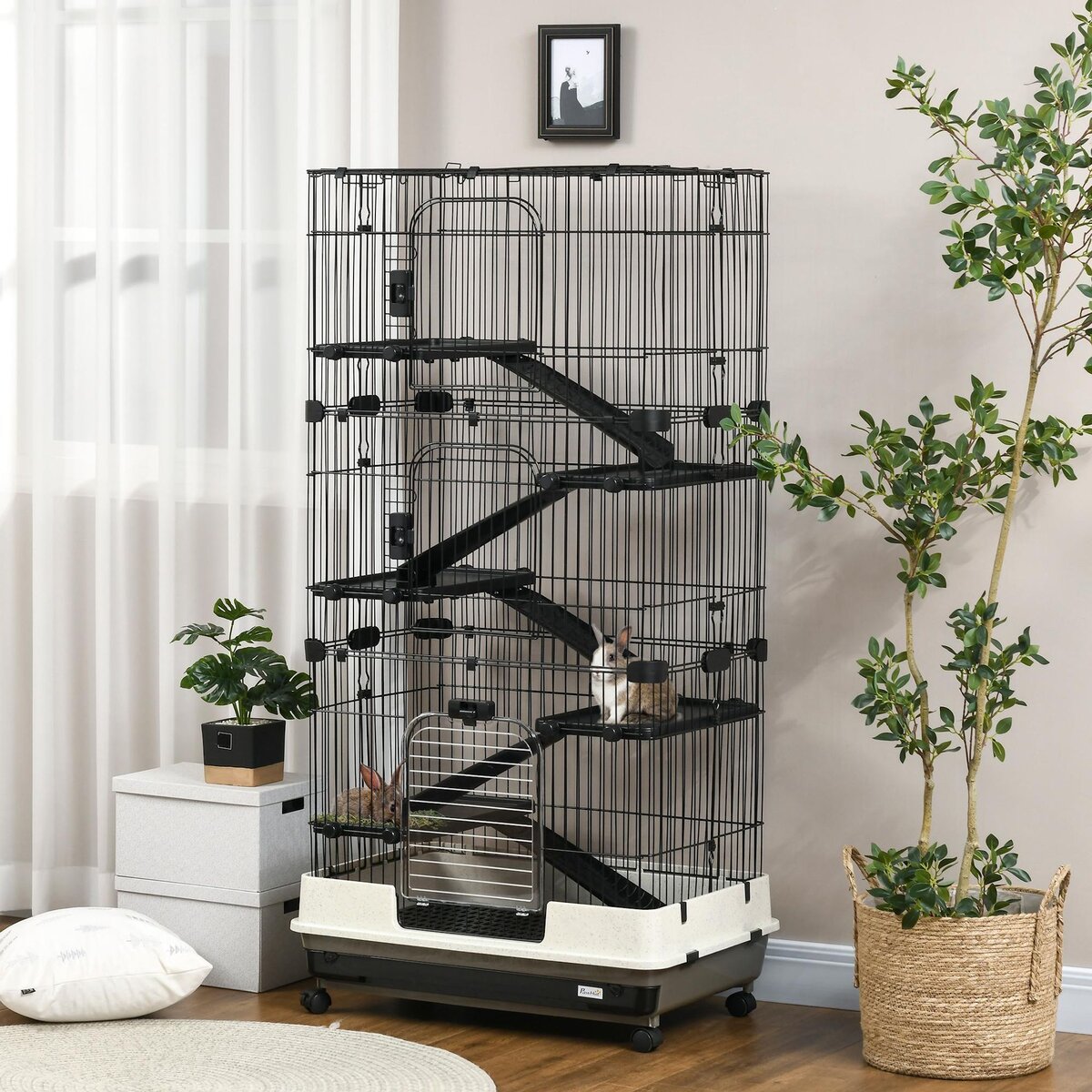 PAWHUT Cage pour cochons d'Inde chinchilla rongeur sur roulettes - 5 étages, 3 portes, plateau déjection - noir gris