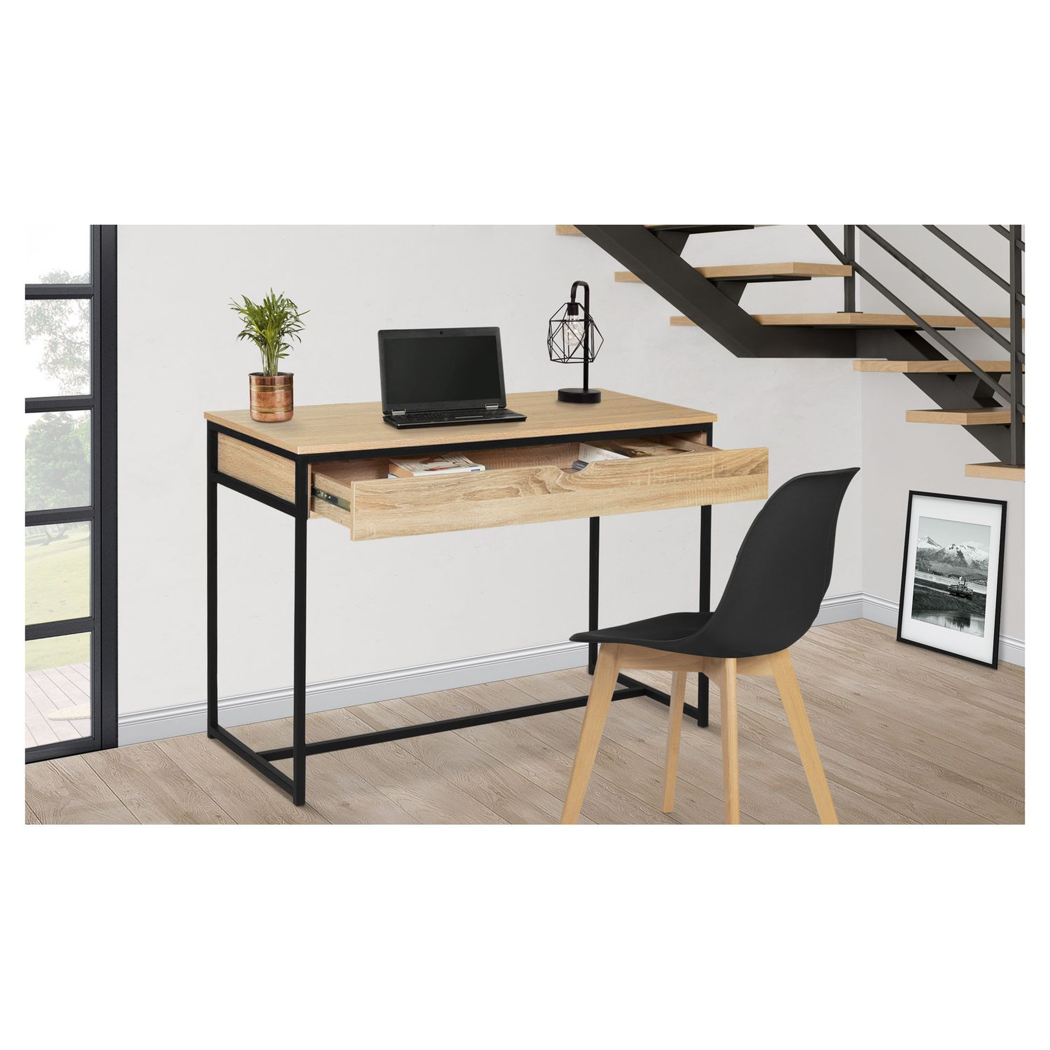 Voir la diapositive 9 : Bureau droit 1 tiroir style industriel pieds métal L110cm HOUSTON