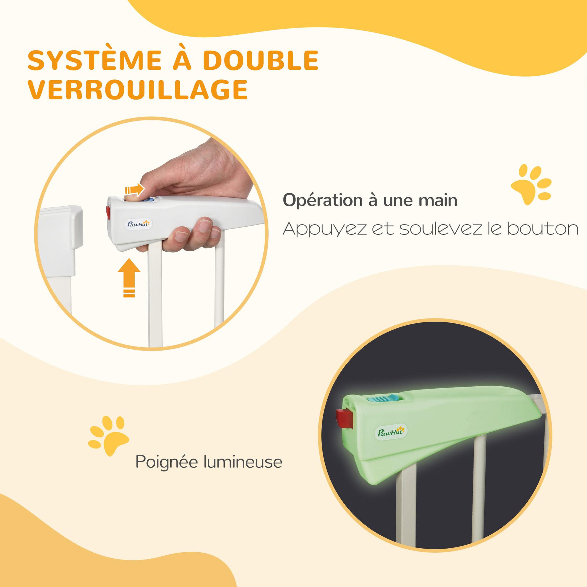 Voir la diapositive 5 : PAWHUT Barrière de sécurité animaux réglable 76-103l cm - porte 2 verrouillages, ouverture 2 sens - acier abs blanc