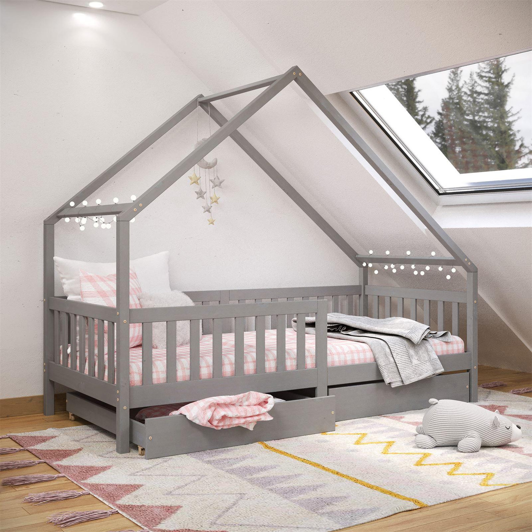 Voir la diapositive 2 : IDIMEX Lit cabane  asymétrique ALVA avec tiroirs, 90 x 200 cm en pin massif