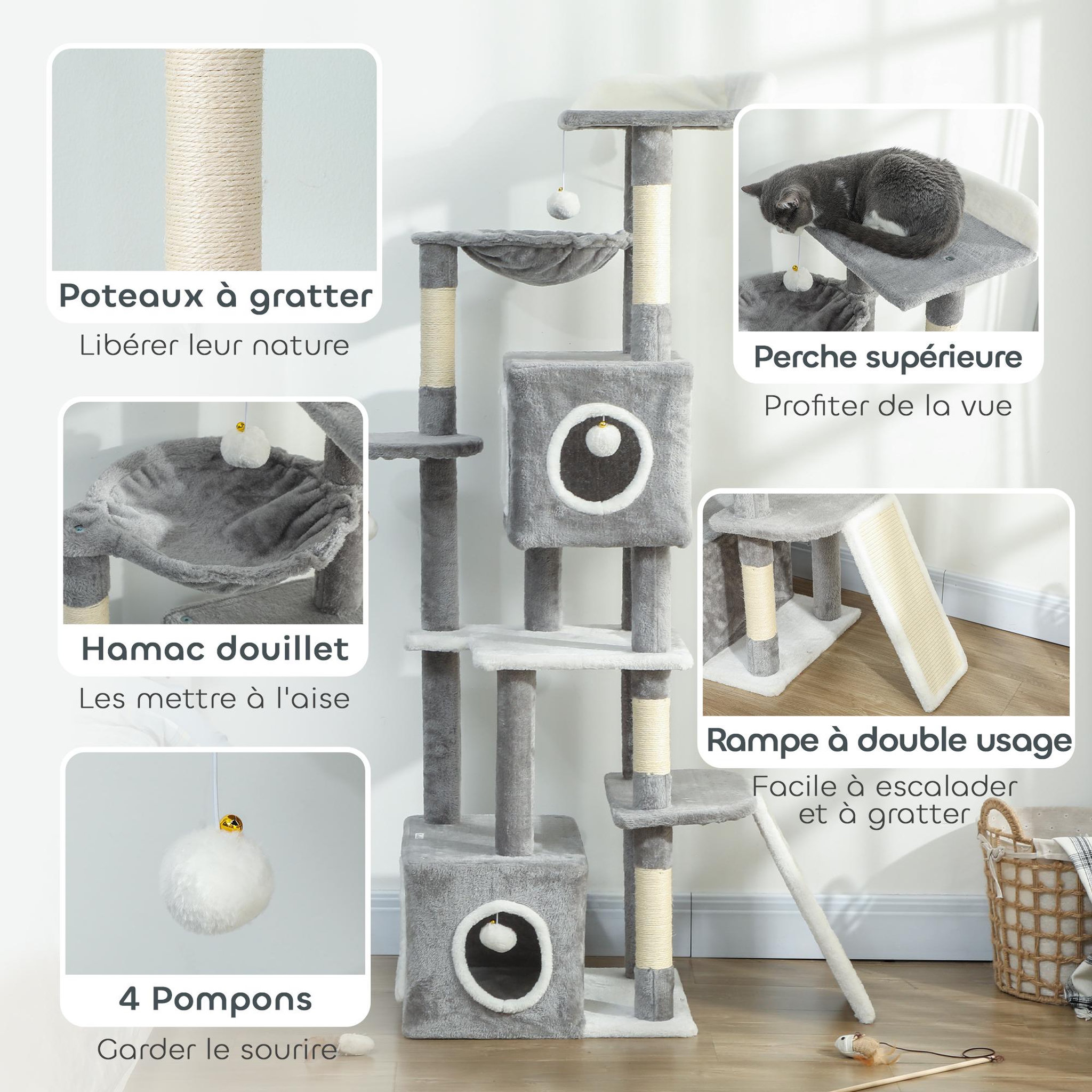Voir la diapositive 5 : PAWHUT Arbre à chat design grande taille h.165cm équipements jeux multiples sisal naturel peluche gris blanc