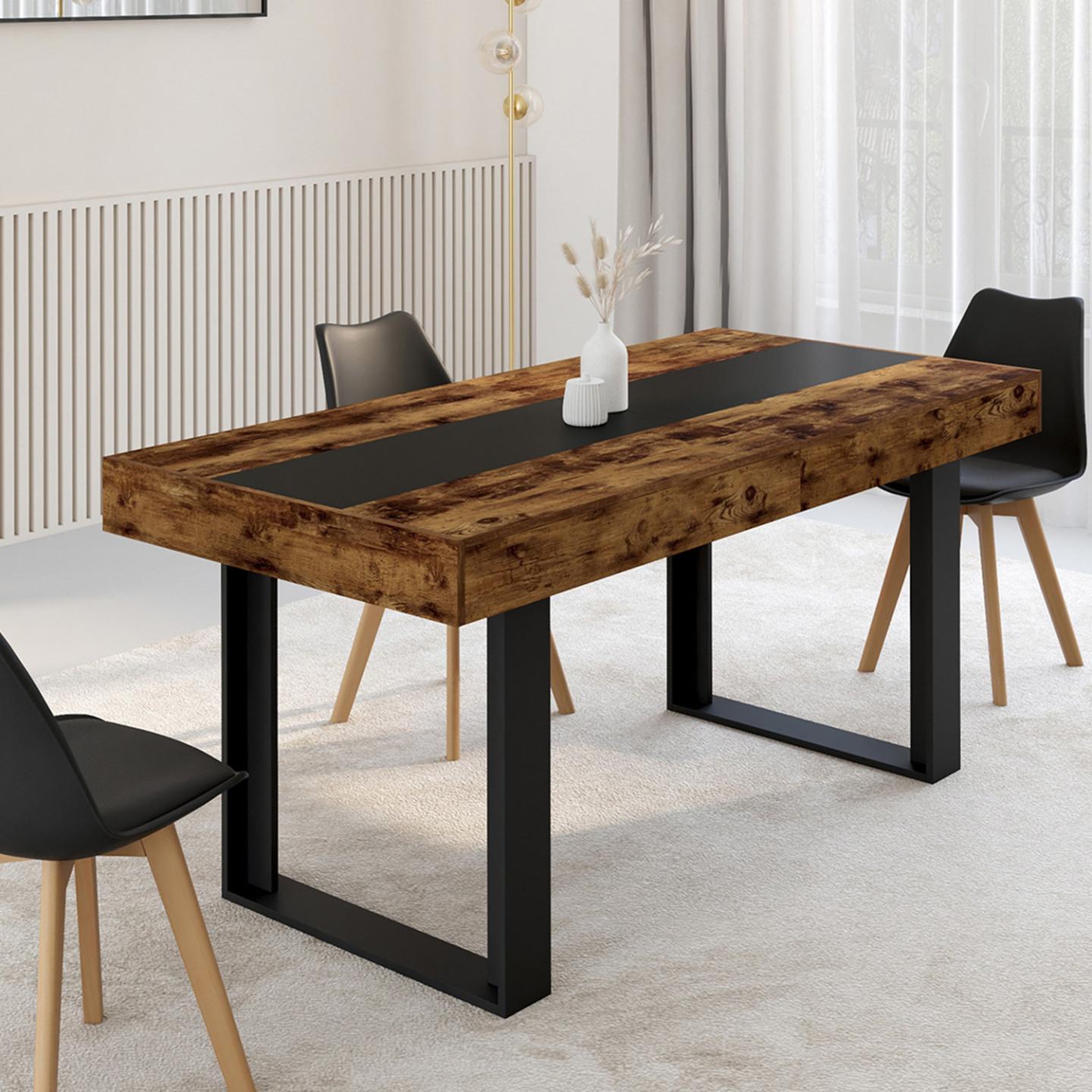 Voir la diapositive 4 : ID MARKET Table à manger extensible rectangle phoenix 4-8 personnes bois effet vieilli et noir bande centrale noire 160-200 cm