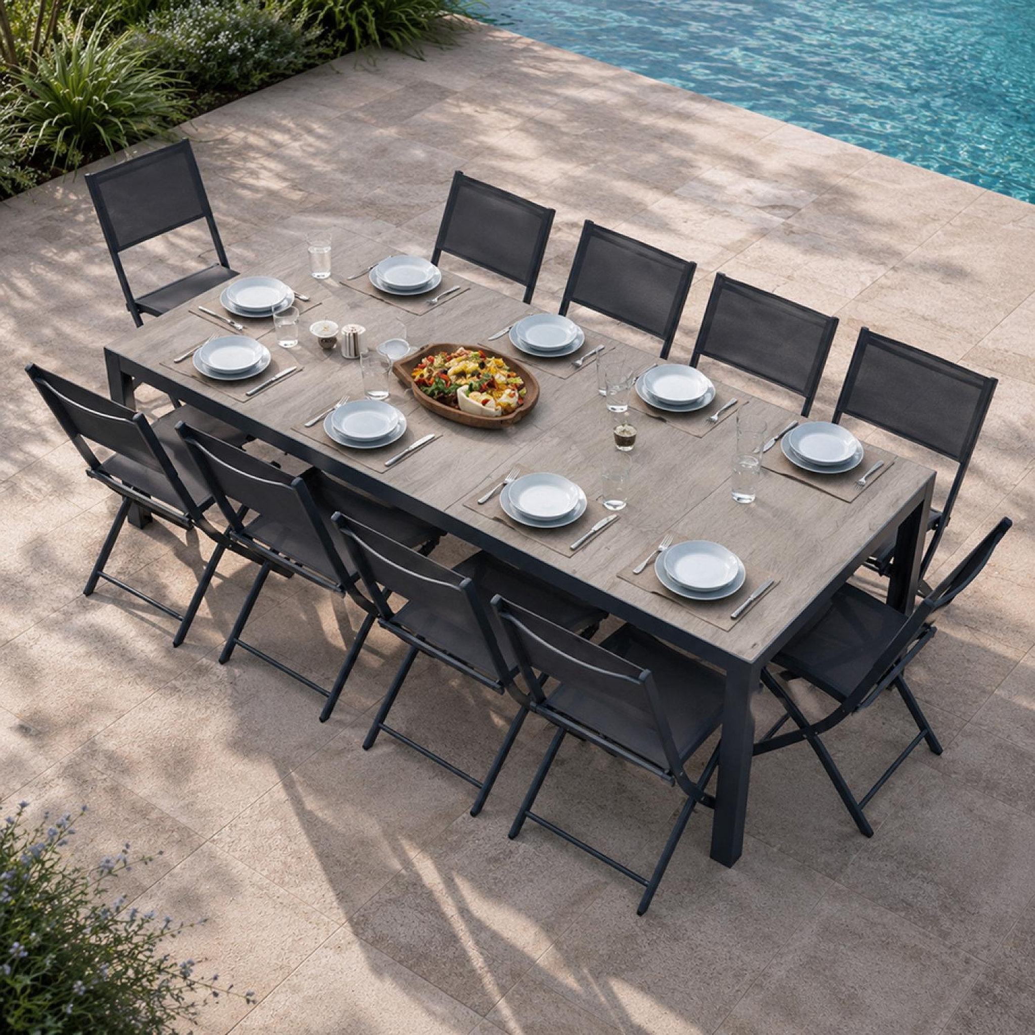 Voir la diapositive 6 : CONCEPT USINE Ensemble table de jardin 200 cm en aluminium et 10 chaises pliantes LAGOS