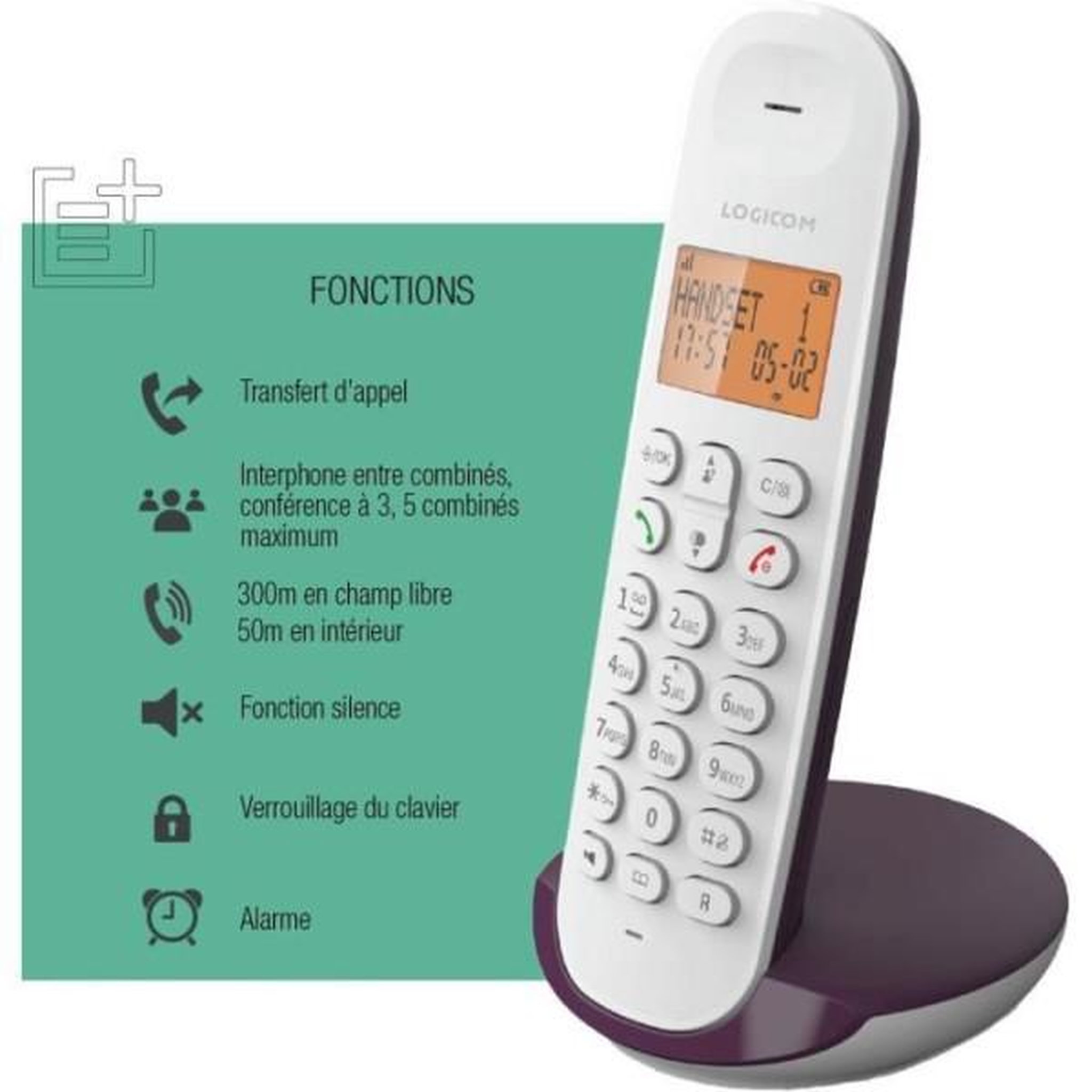 Voir la diapositive 6 : Logicom Téléphone fixe sans fil - LOGICOM - DECT ILOA 150 SOLO - Aubergine - Sans répondeur
