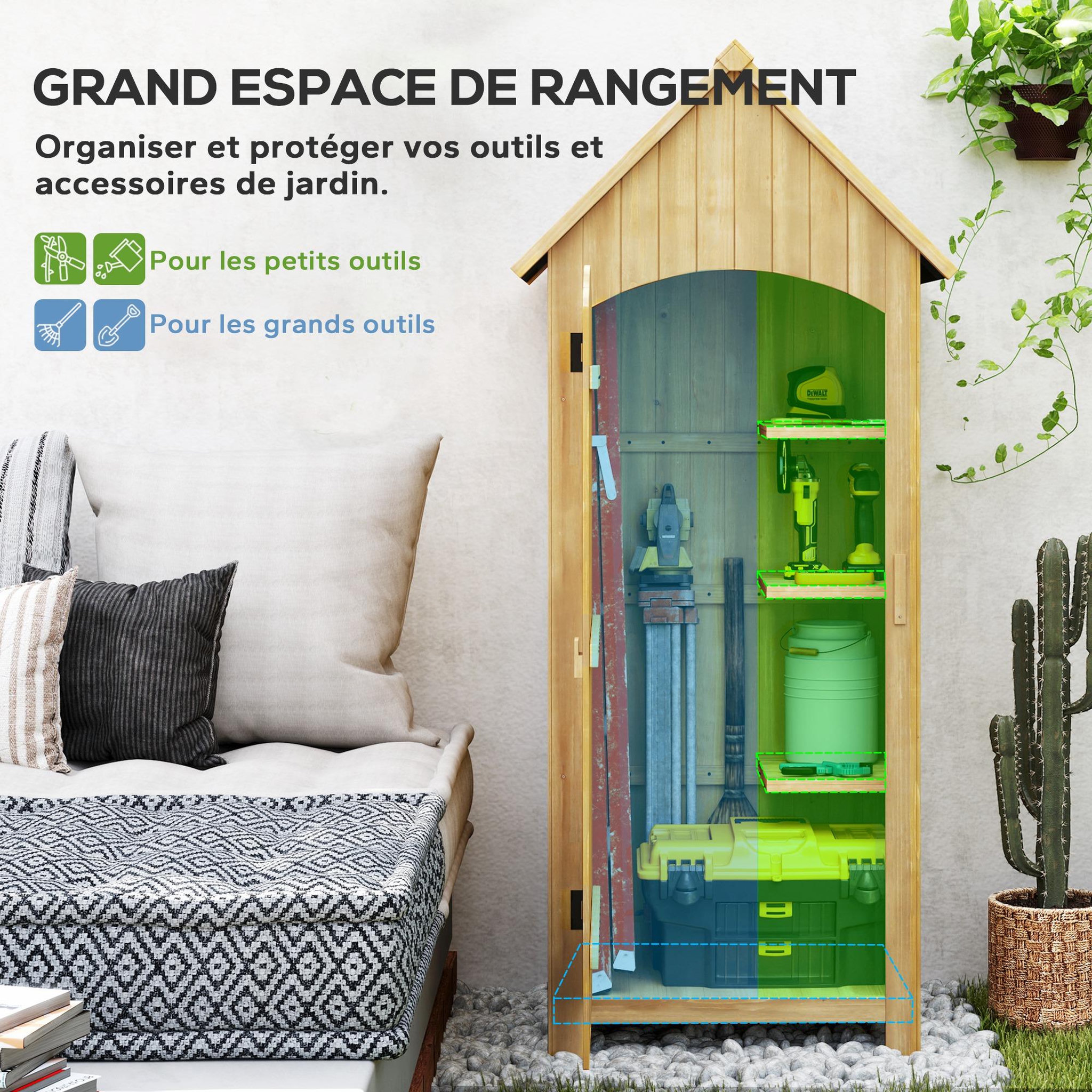 Voir la diapositive 6 : OUTSUNNY Armoire abri de jardin remise pour outils 3 étagères porte loquet toit pente bitumé dim. 77L x 54l x 179H cm bois sapin pré-huilé