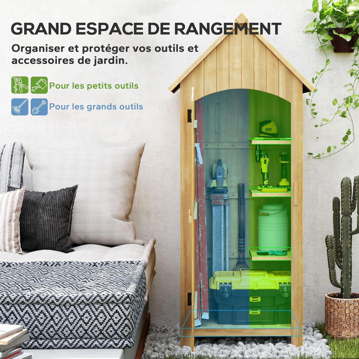 OUTSUNNY Armoire abri de jardin remise pour outils 3 étagères porte loquet toit pente bitumé dim. 77L x 54l x 179H cm bois sapin pré-huilé