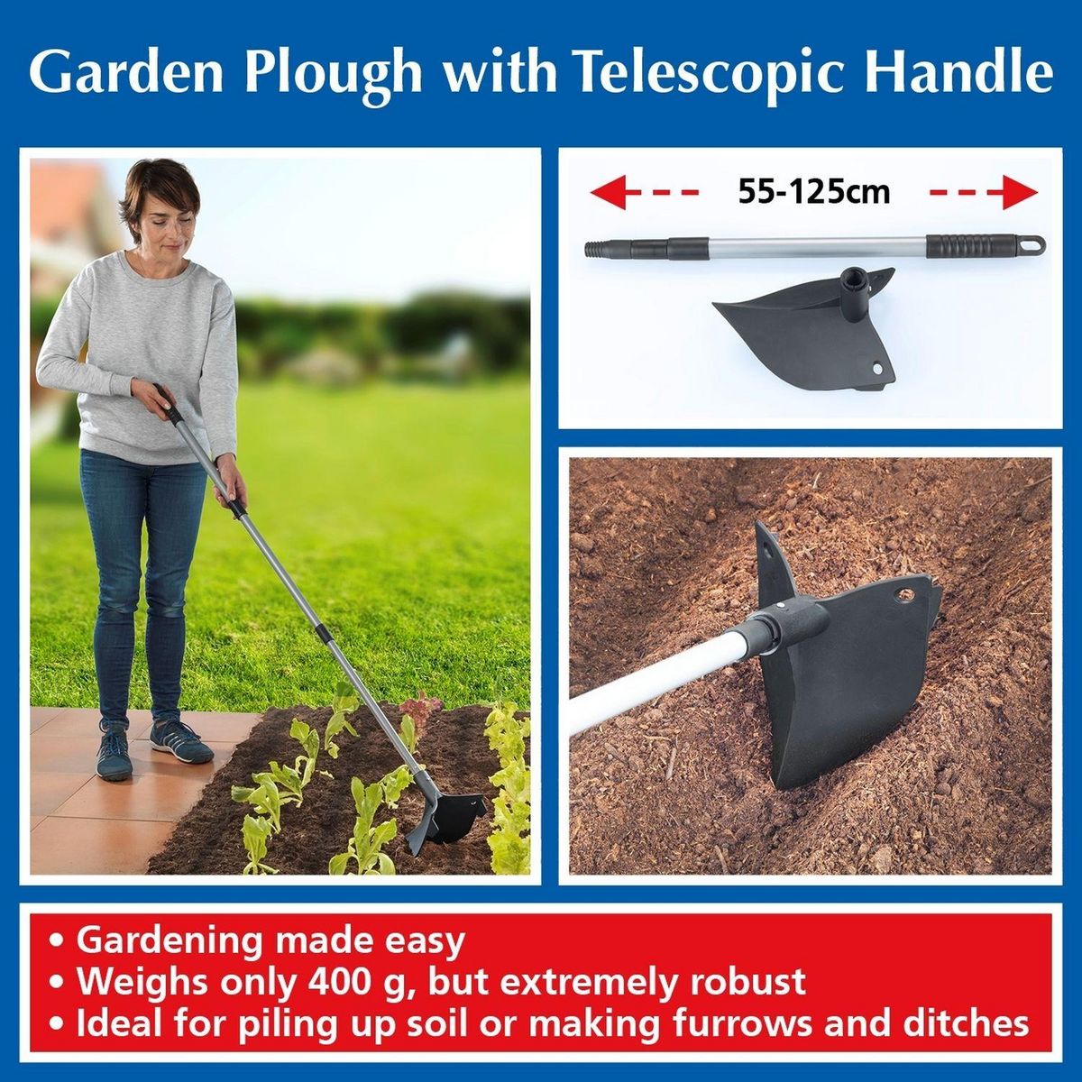 Wenko Charrue de jardin avec manche extensible - Noir et Argent