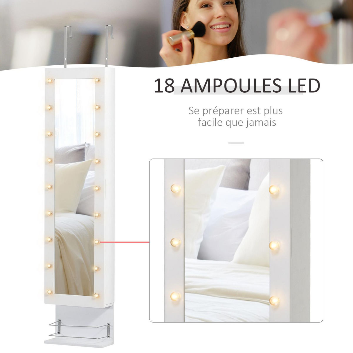 HOMCOM Armoire à bijoux avec miroir - 5 tiroirs coulissants, 2 compartiments latéraux avec crochets, rangement haut à bagues verrouillable - MDF blanc