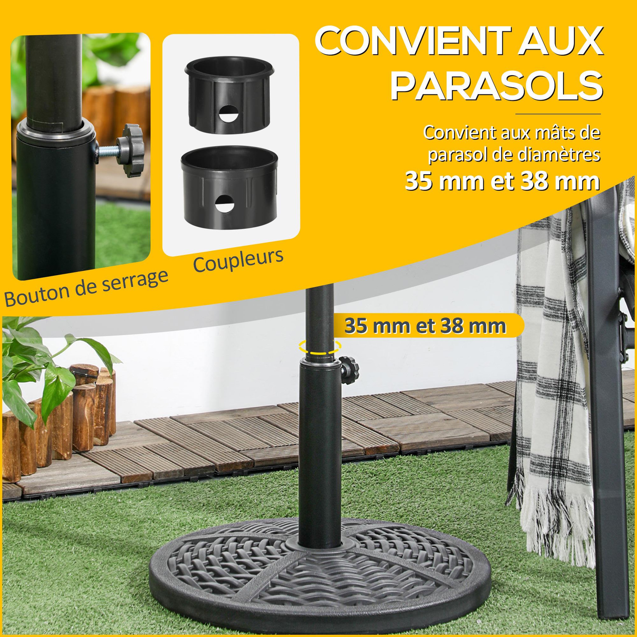 Voir la diapositive 4 : OUTSUNNY Pied de parasol rond base de lestage Ø 45 x 33H cm HDPE aspect rotin tressé poids net 8 Kg noir