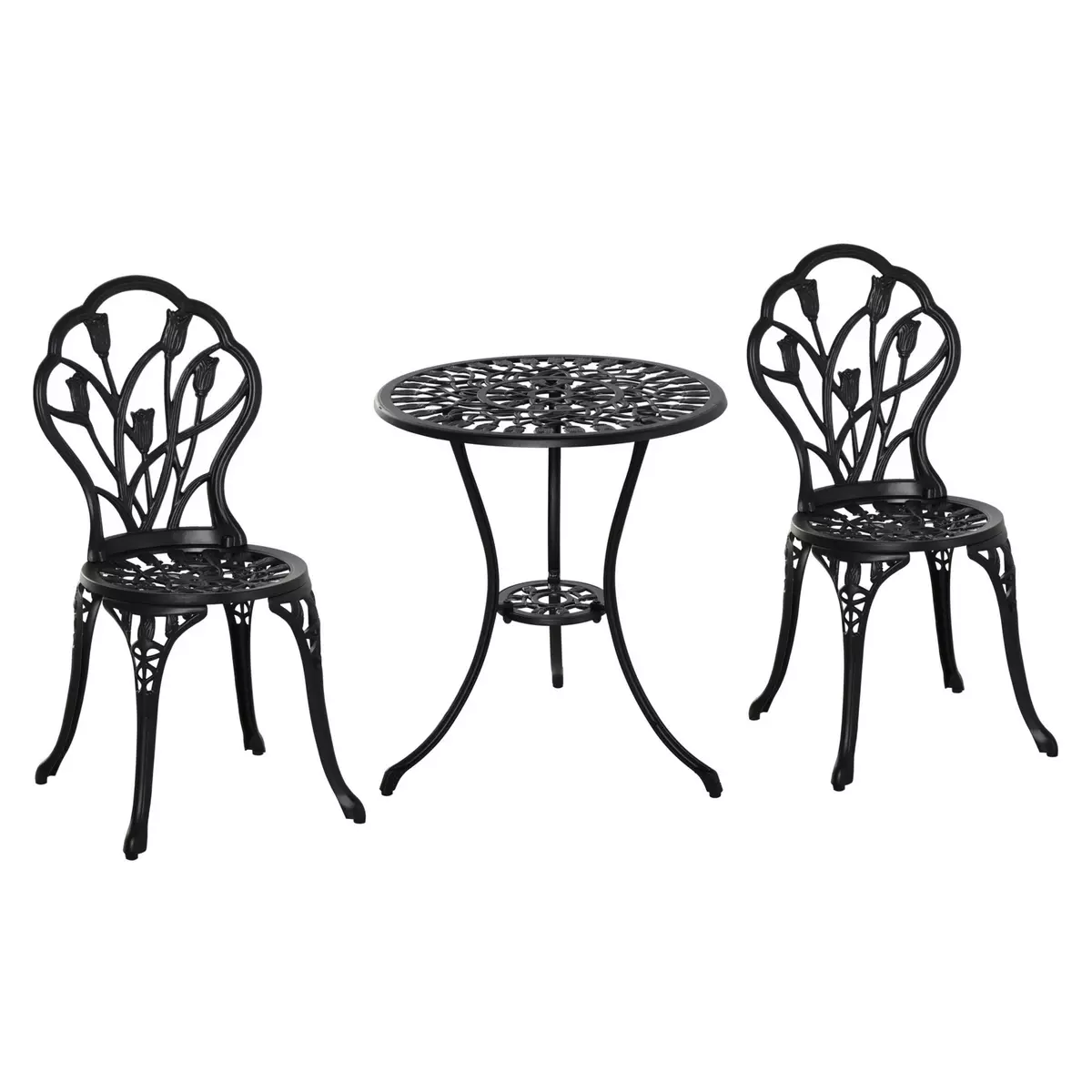 OUTSUNNY Ensemble salon de jardin 2 places 2 chaises + table ronde fonte d'aluminium imitation fer forgé noir