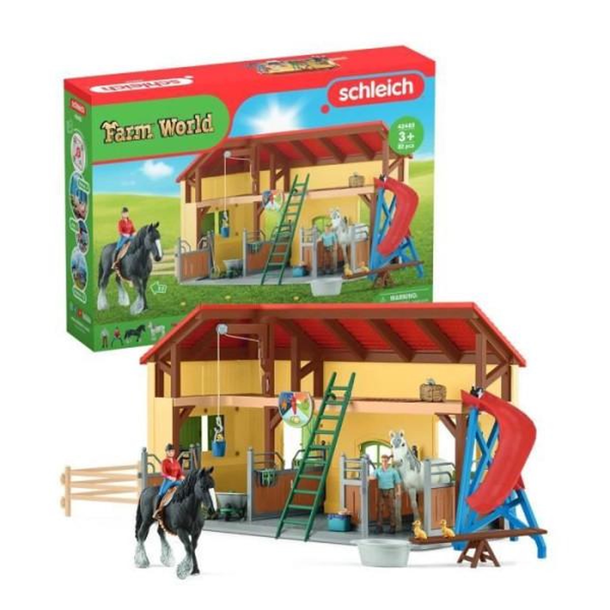 Schleich Écurie avec boxes et animaux, coffret de 82 pieces avec chevaux, Schleich 42485 Farm World, Des 4 ans