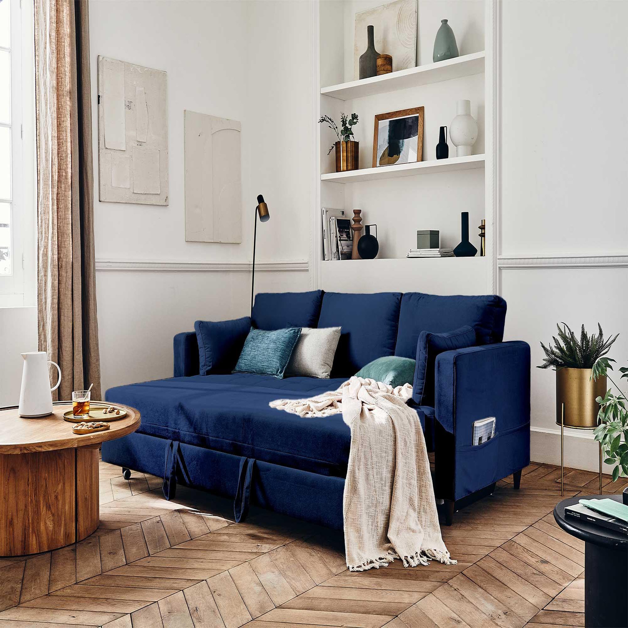 Voir la diapositive 2 : BEST MOBILIER Anna - canapé droit 3 places convertible avec poche en velours