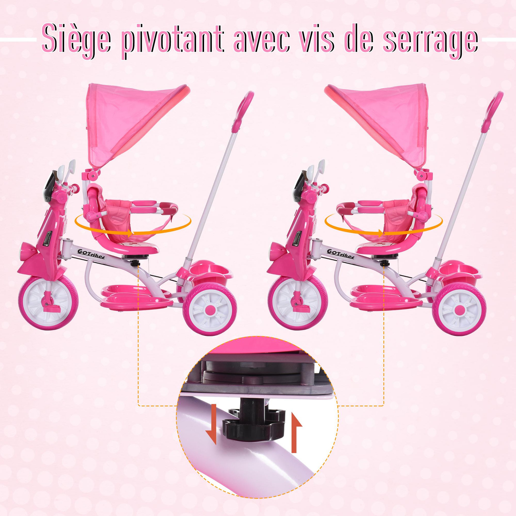 Voir la diapositive 5 : HOMCOM Tricycle enfants évolutif canne, pare-soleil pliable amovible effets lumineux sonores métal blanc PP rose