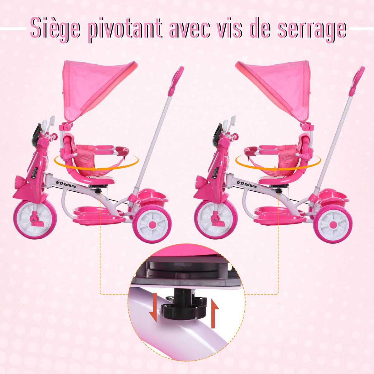 HOMCOM Tricycle enfants évolutif canne, pare-soleil pliable amovible effets lumineux sonores métal blanc PP rose