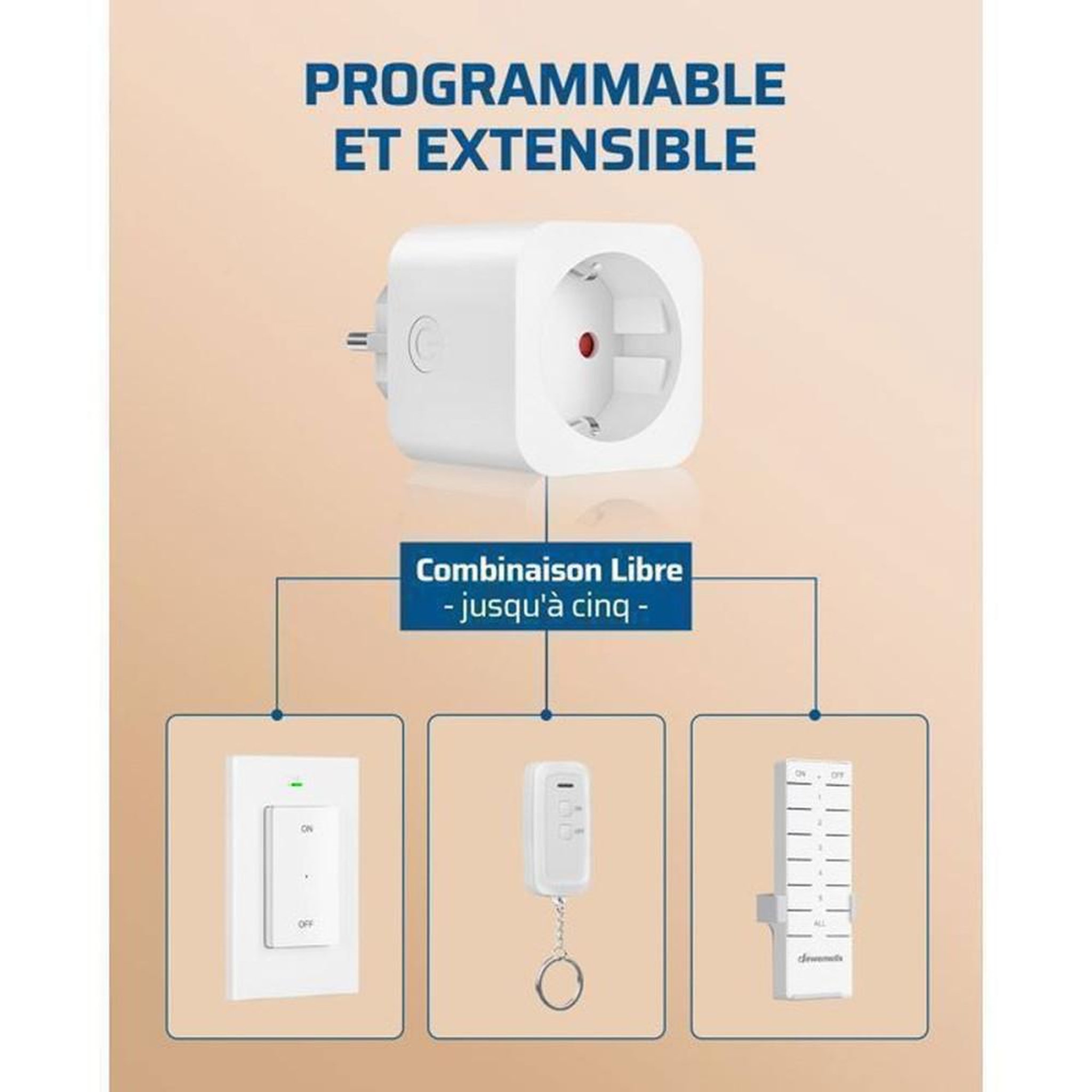 Voir la diapositive 6 : Prise télécommandée RF 16A 3680W avec télécommande amovible, 433,92 MHz, sécurité enfant, blanc