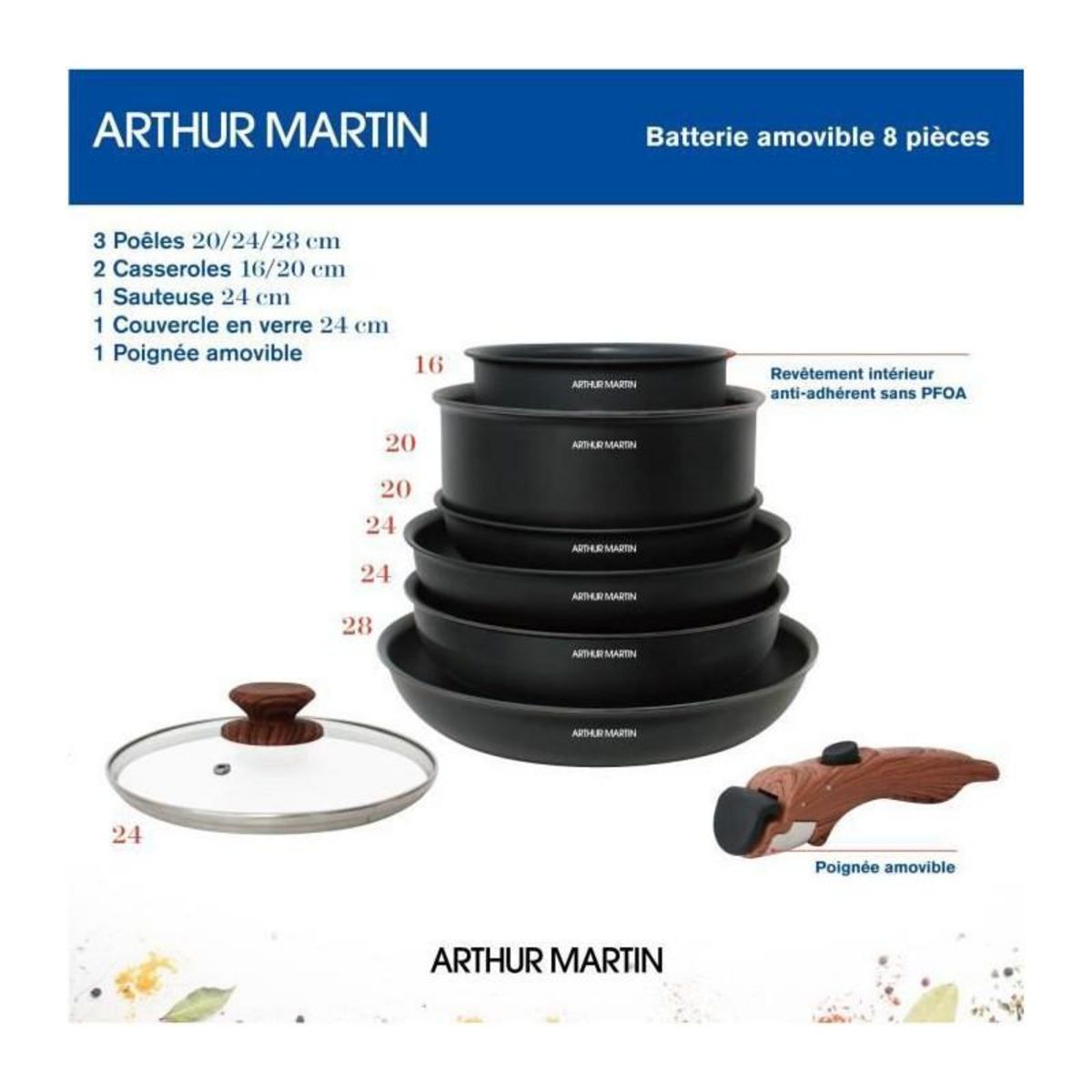 Arthur Martin Batterie de cuisine 8 pieces ARTHUR MARTIN - Aluminium - Poignée Bois - Tous feux dont induction