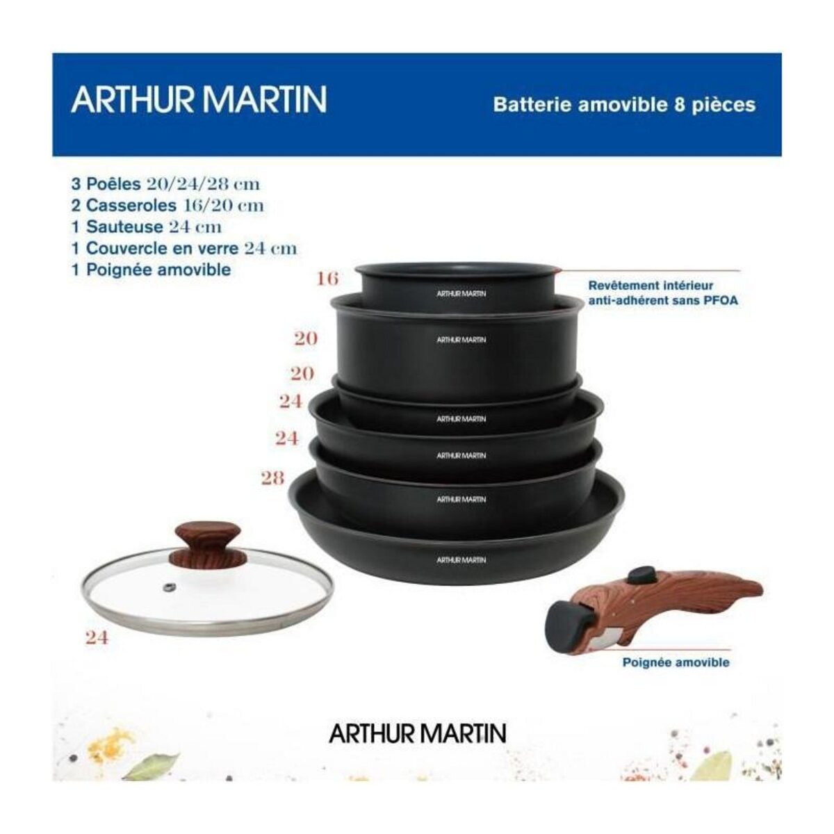 Arthur Martin Batterie de cuisine 8 pieces ARTHUR MARTIN - Aluminium - Poignée Bois - Tous feux dont induction