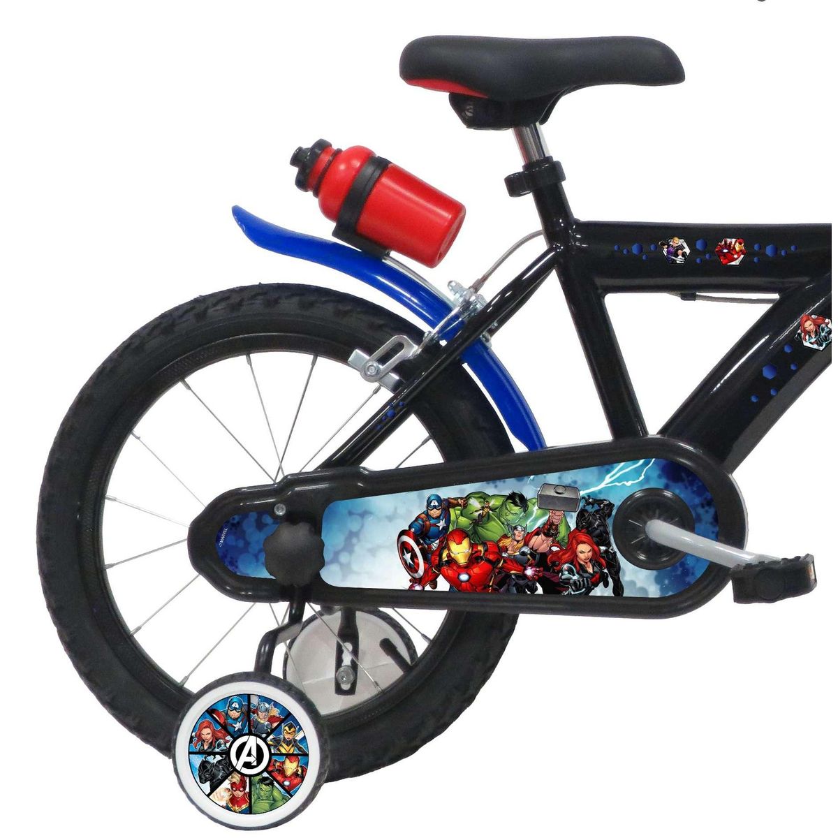 Marvel Vélo enfant - Modèle 16'' Avengers/Marvel pour enfant de 105 à 120 cm avec stabilisateurs - Plaque décorative avant - Bidon arrière - 2 freins & Pneus gonflables.