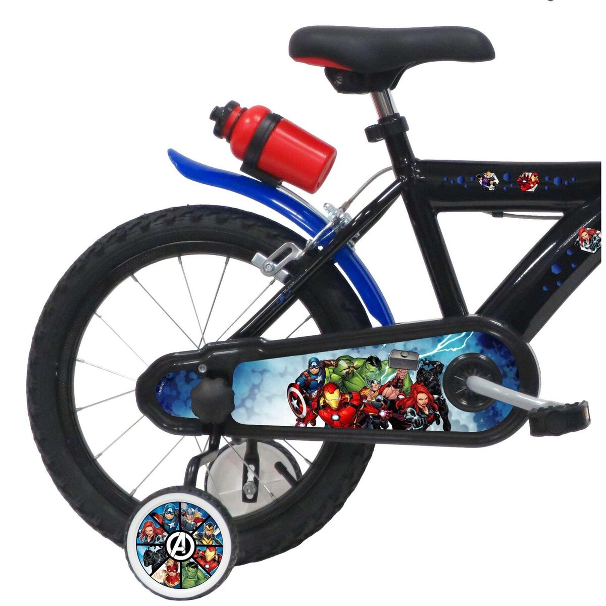 Marvel Vélo enfant - Modèle 16'' Avengers/Marvel pour enfant de 105 à 120 cm avec stabilisateurs - Plaque décorative avant - Bidon arrière - 2 freins & Pneus gonflables.