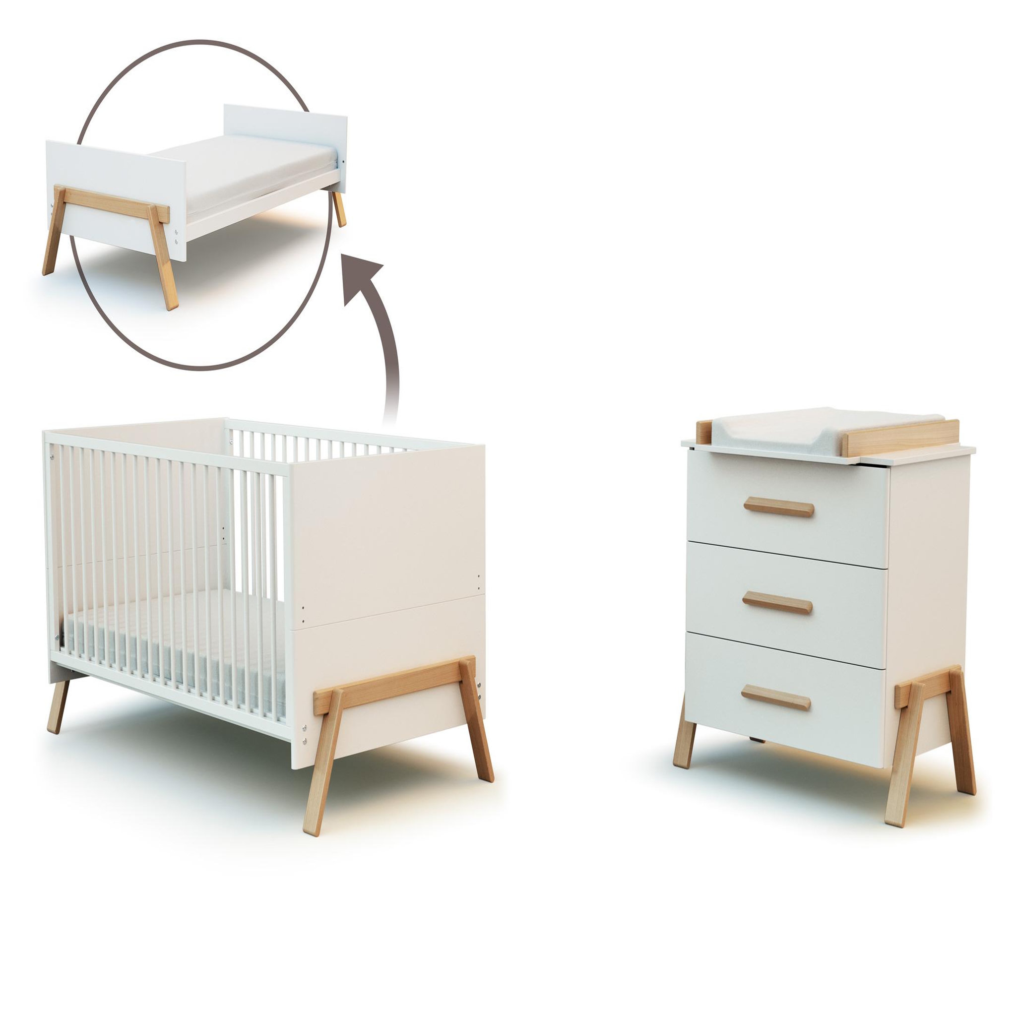 AT4 Grand duo lit et commode à langer 3 tiroirs en bois canaille