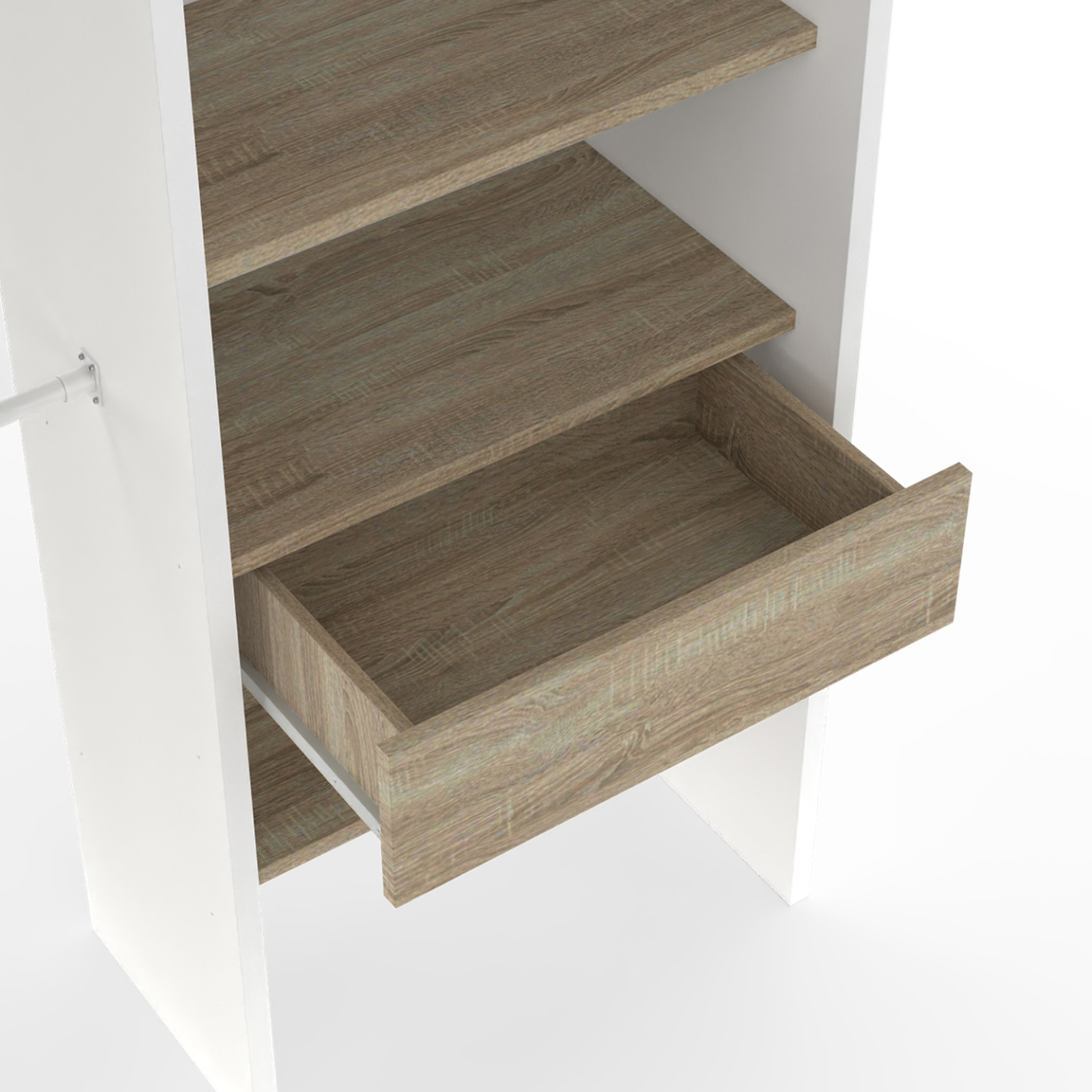 Voir la diapositive 5 : ID MARKET Dressing extensible marty 120/170 x 50 x 180 cm blanc avec étagères hêtre + double penderie + rideau taupe