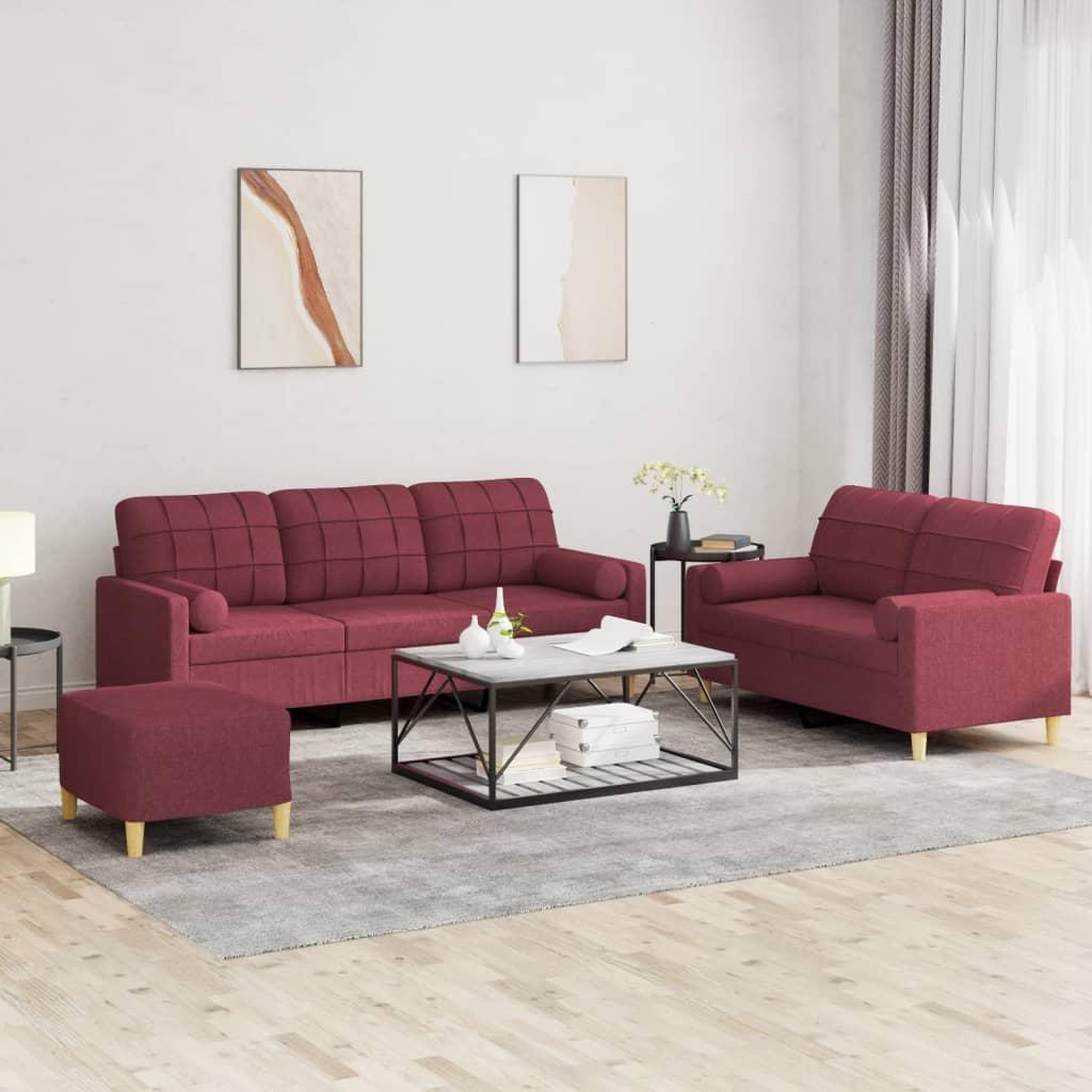 VIDAXL Ensemble de canapes 3 pcs avec coussins rouge bordeaux tissu