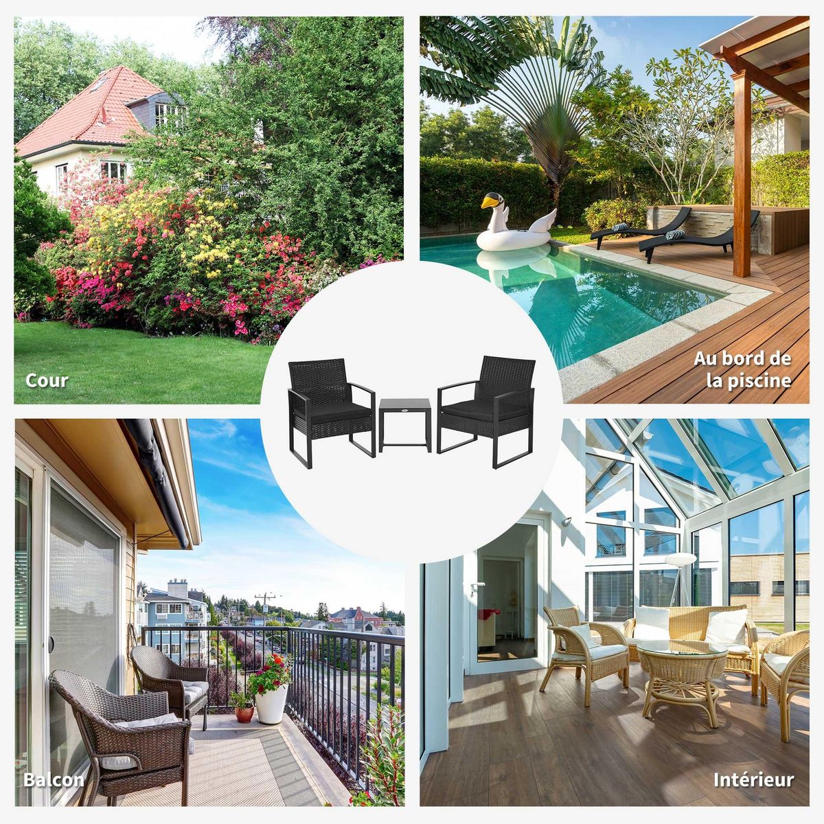 OUTSUNNY Salon de jardin 2 places 3 pièces 2 chaises avec coussins + table basse plateau verre trempé résine tressée 4 fils imitation rotin noir