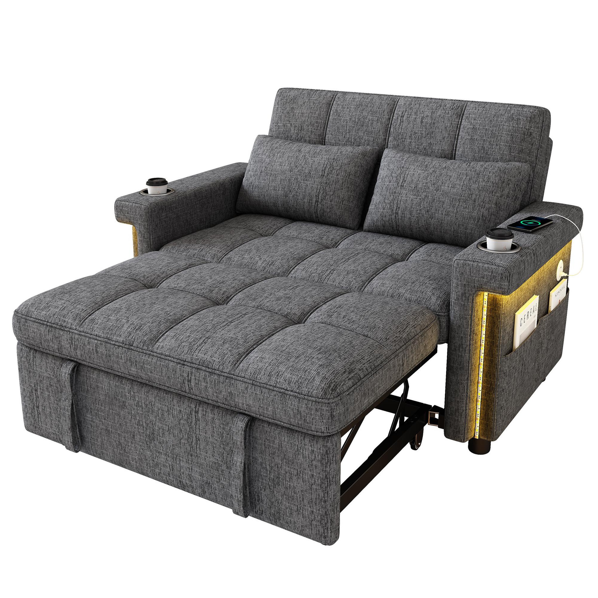 Voir la diapositive 1 : MERAX Canapé convertible 2 places avec dossier réglable et ports usb type-c tissu chenille