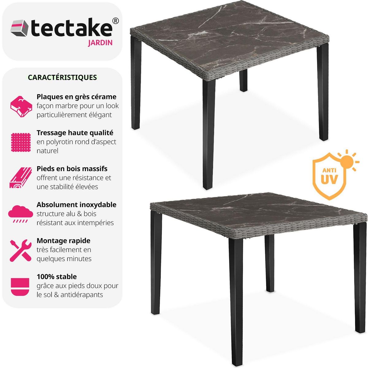 tectake Table en rotin avec cadre en aluminium et bois gris