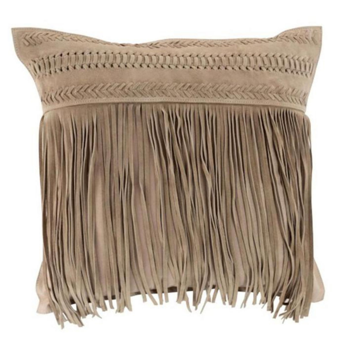 Paris Prix Coussin à Franges en Cuir  India  45cm Gris Clair