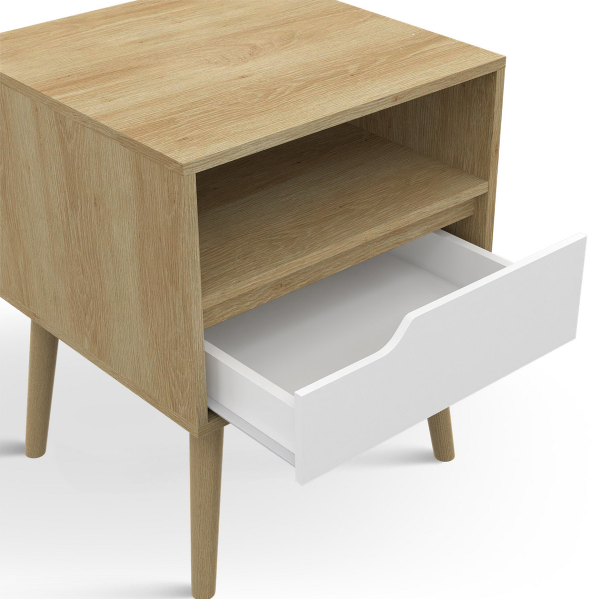 ID MARKET Lot de 2 tables de chevet HELSINKI scandinaves 1 tiroir avec niche effet hêtre et blanc