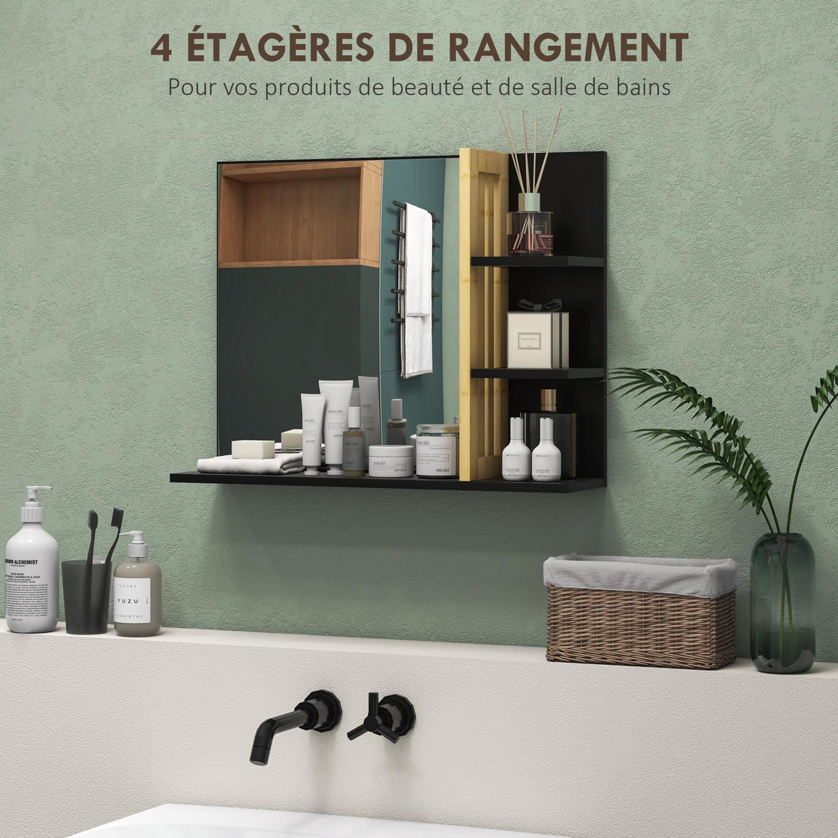HOMCOM Miroir mural salle de bain - étagères - MDF noir bambou verni
