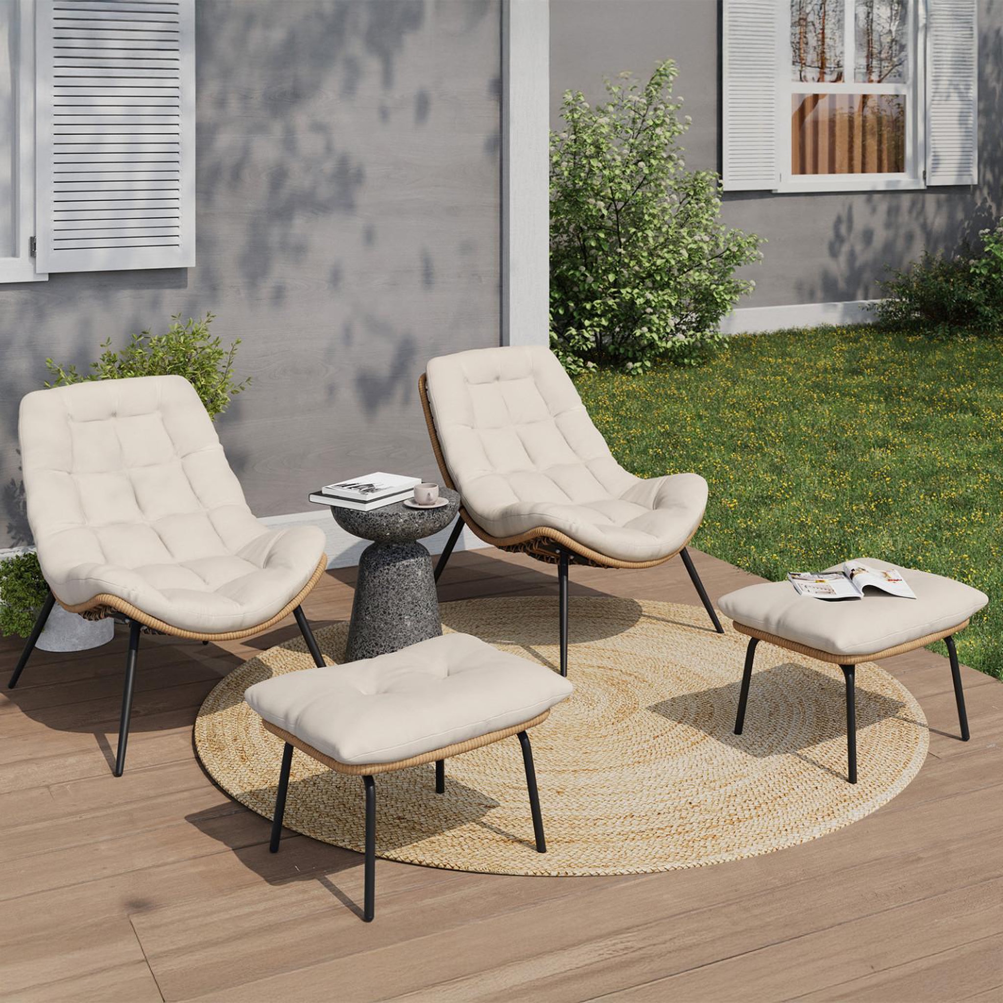 Voir la diapositive 2 : ID MARKET Lot de 2 fauteuils de jardin relax loa effet rotin avec coussins écrus et repose-pieds