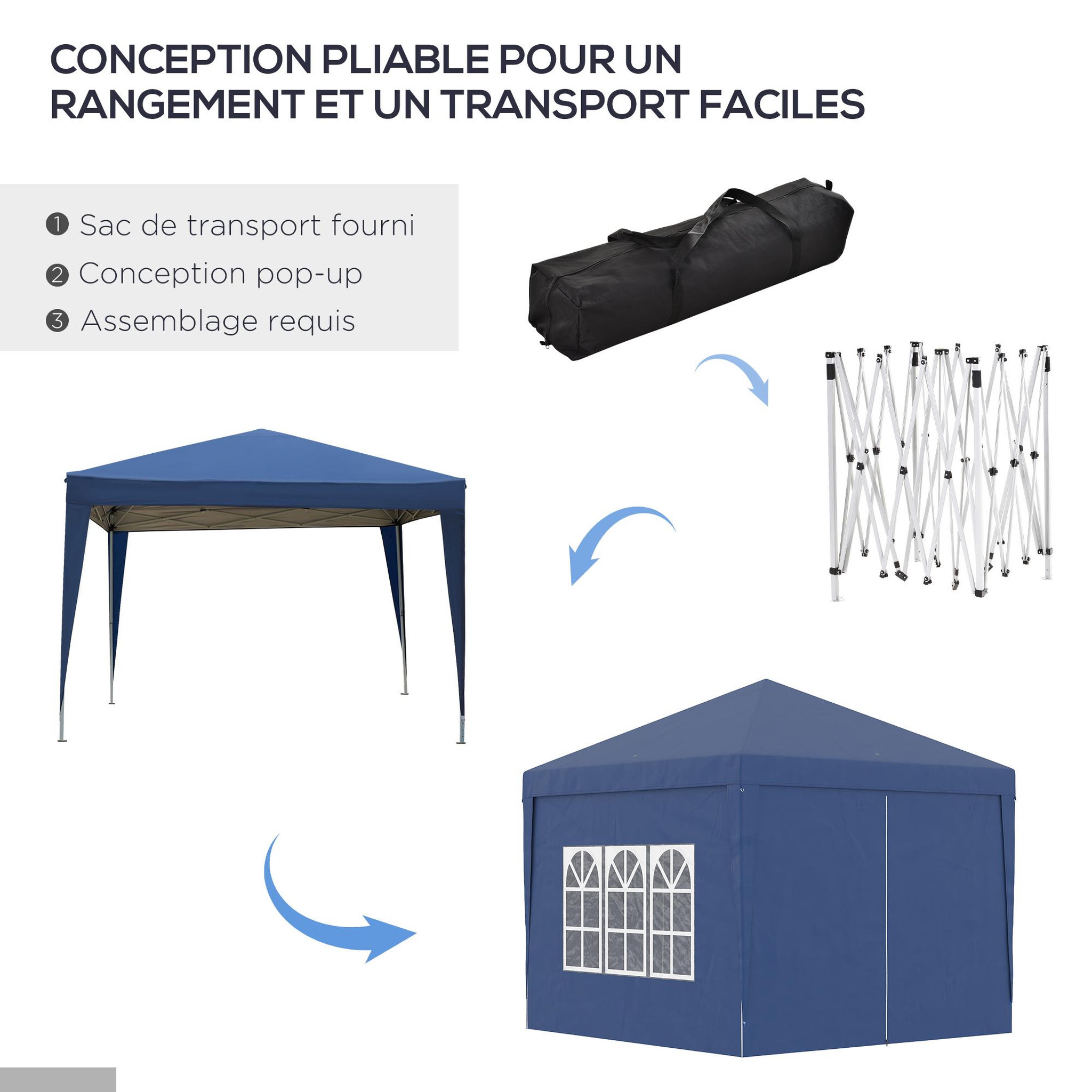 Voir la diapositive 5 : OUTSUNNY Tonnelle barnum pop-up pliant dim. 3L x 3l x 2,58H m 2 fenêtres sac transport acier Oxford bleu