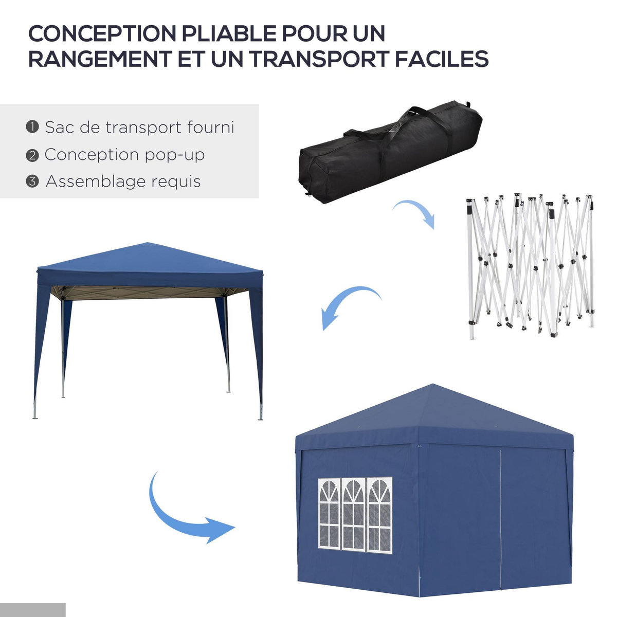 OUTSUNNY Tonnelle barnum pop-up pliant dim. 3L x 3l x 2,58H m 2 fenêtres sac transport acier Oxford bleu