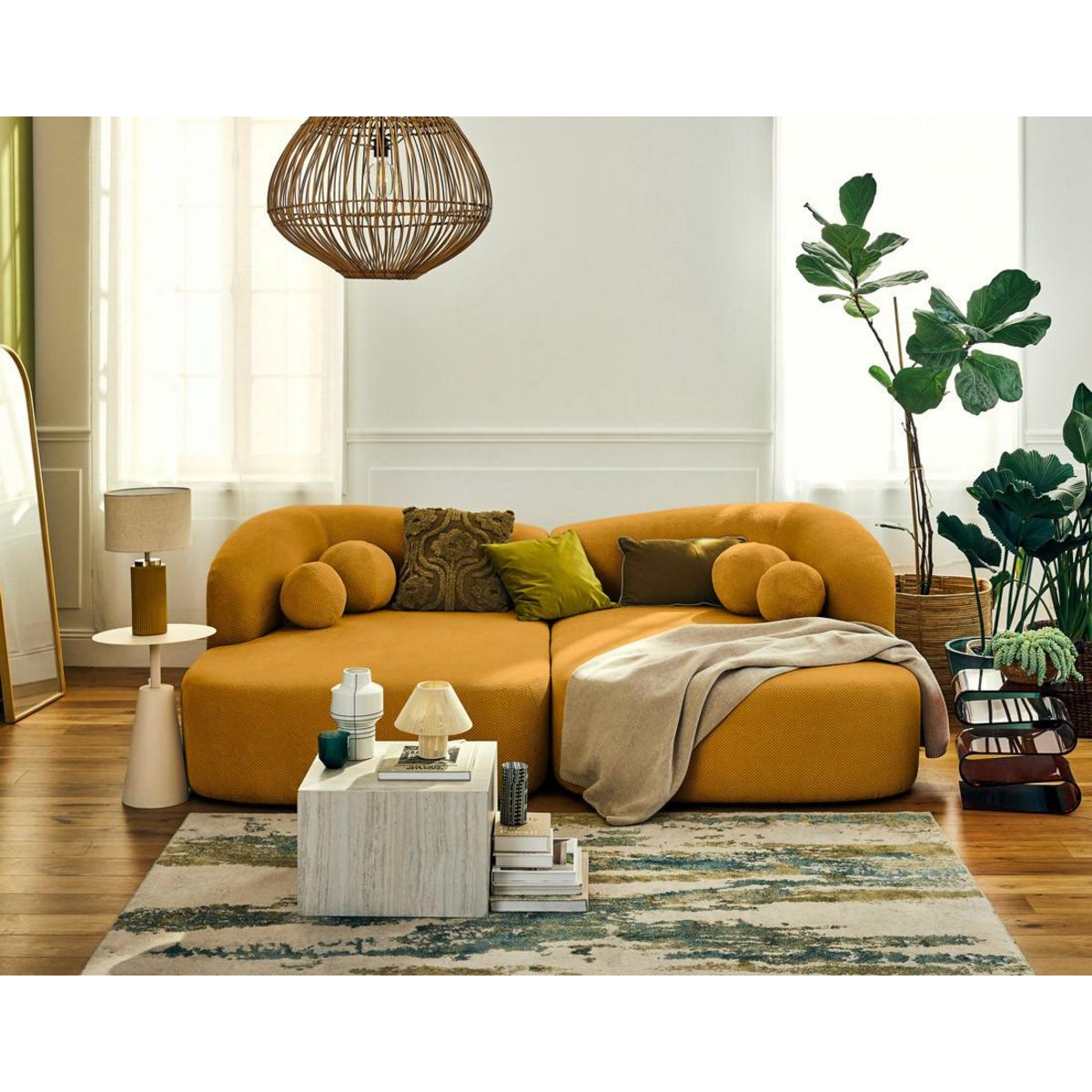 LISA DESIGN Charles - canapé droit 4 places avec double méridienne - assise profonde - en velours texturé