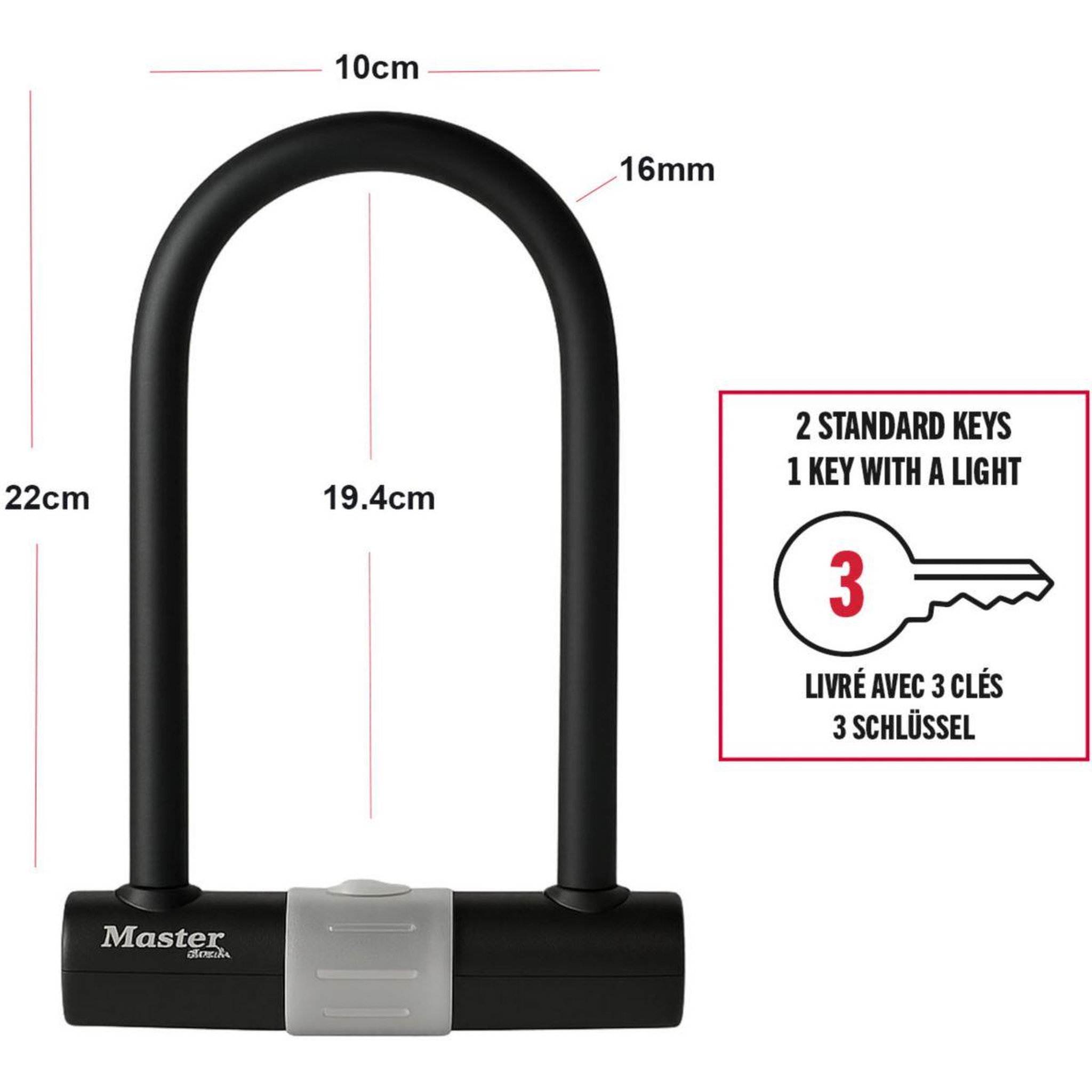 Voir la diapositive 2 : Master lock Antivol en U vélo - MASTER LOCK - Haute résistance - Support universel - a clé