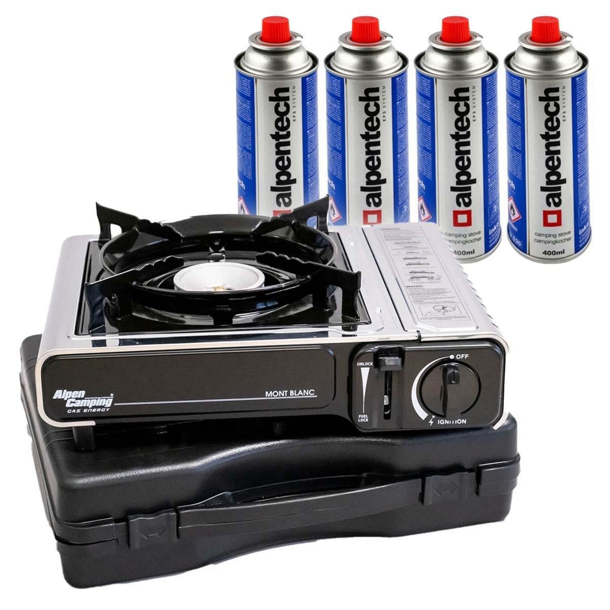 ALPENTECH Réchaud à gaz INOX 2200W MONT BLANC + 4 Cartouches de gaz Camping ALPEN
