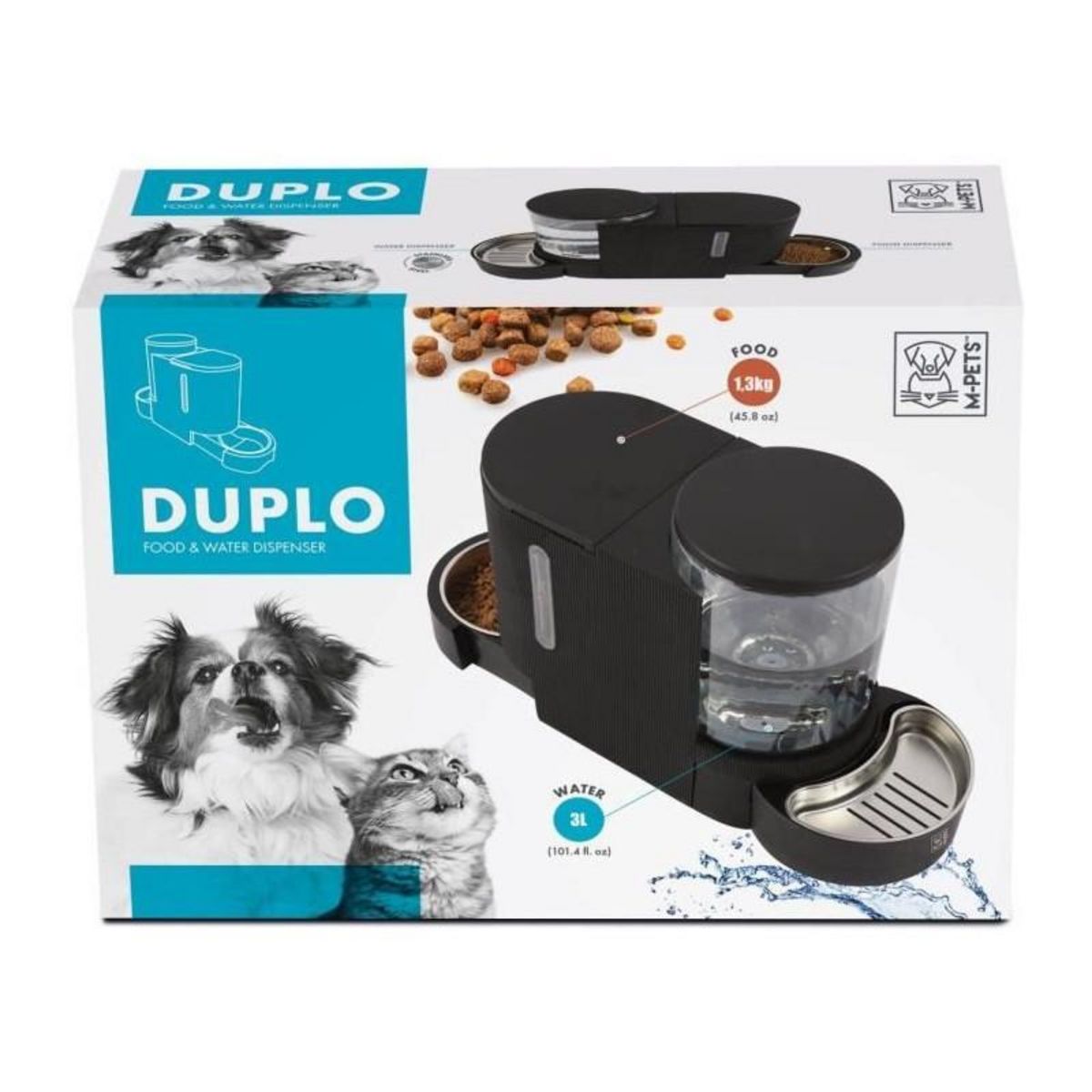 M PETS Distributeur de croquettes et d'eau M.PETS DUPLO 1,3kg/3L - 40x16.2x29.1 cm - Noir