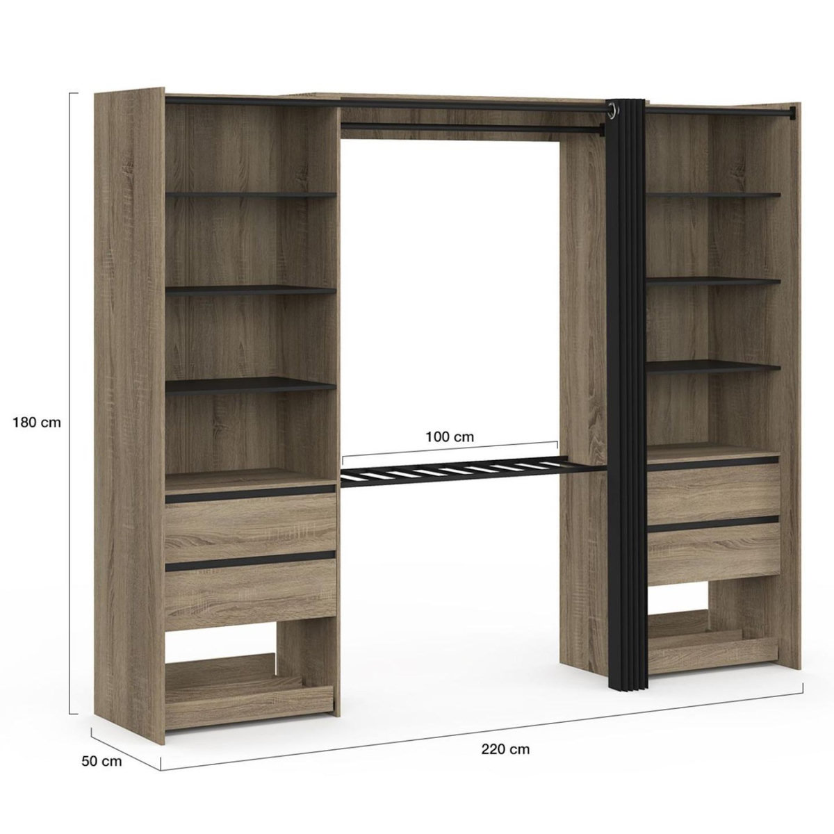 ID MARKET Dressing double XXL MERYL 220 cm avec porte pantalons + étagères + tiroirs + rangements à chaussures hêtre et noir