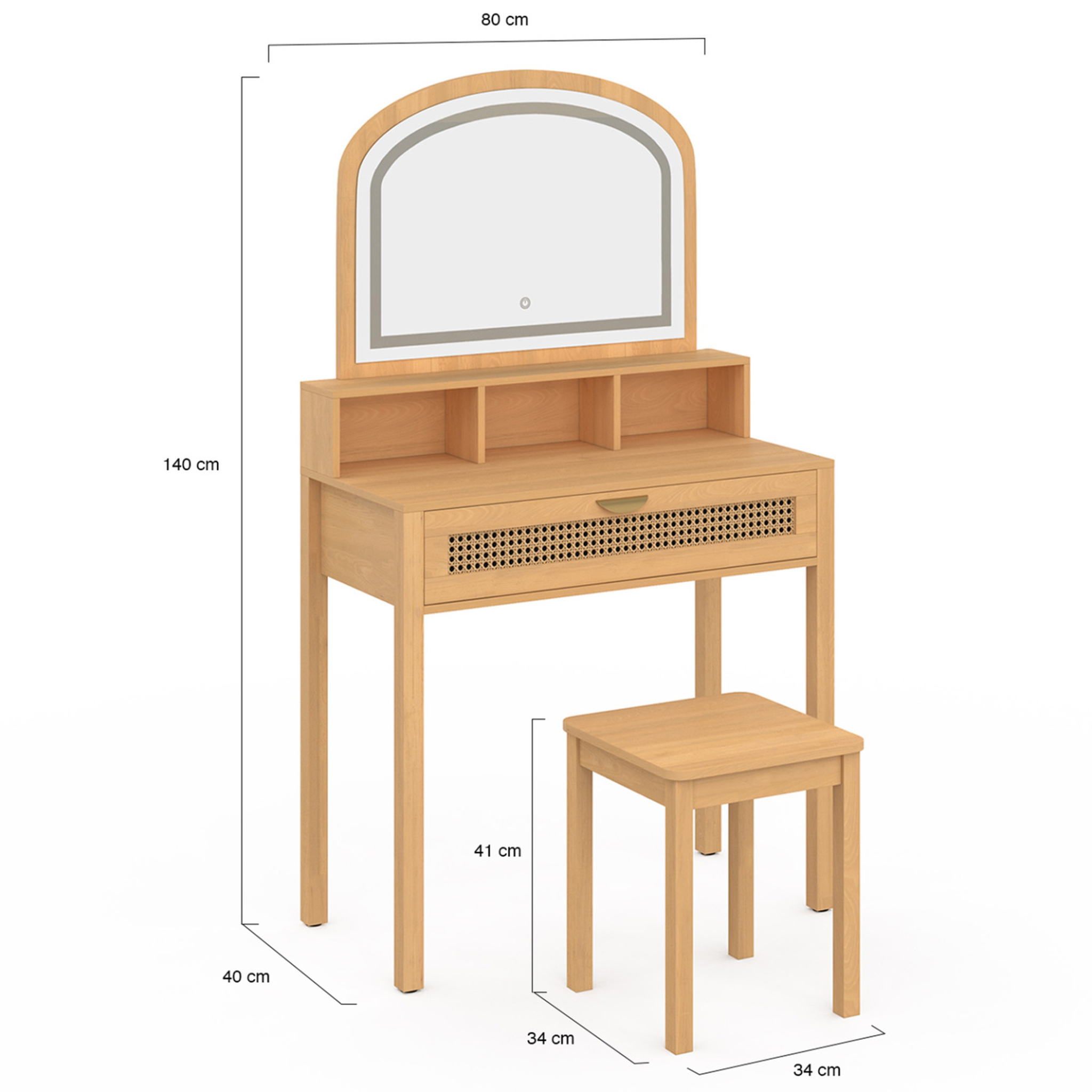 Voir la diapositive 4 : ID MARKET Coiffeuse edhen avec miroir led, 1 tiroir, 3 niches et tabouret effet cannage naturel et bois