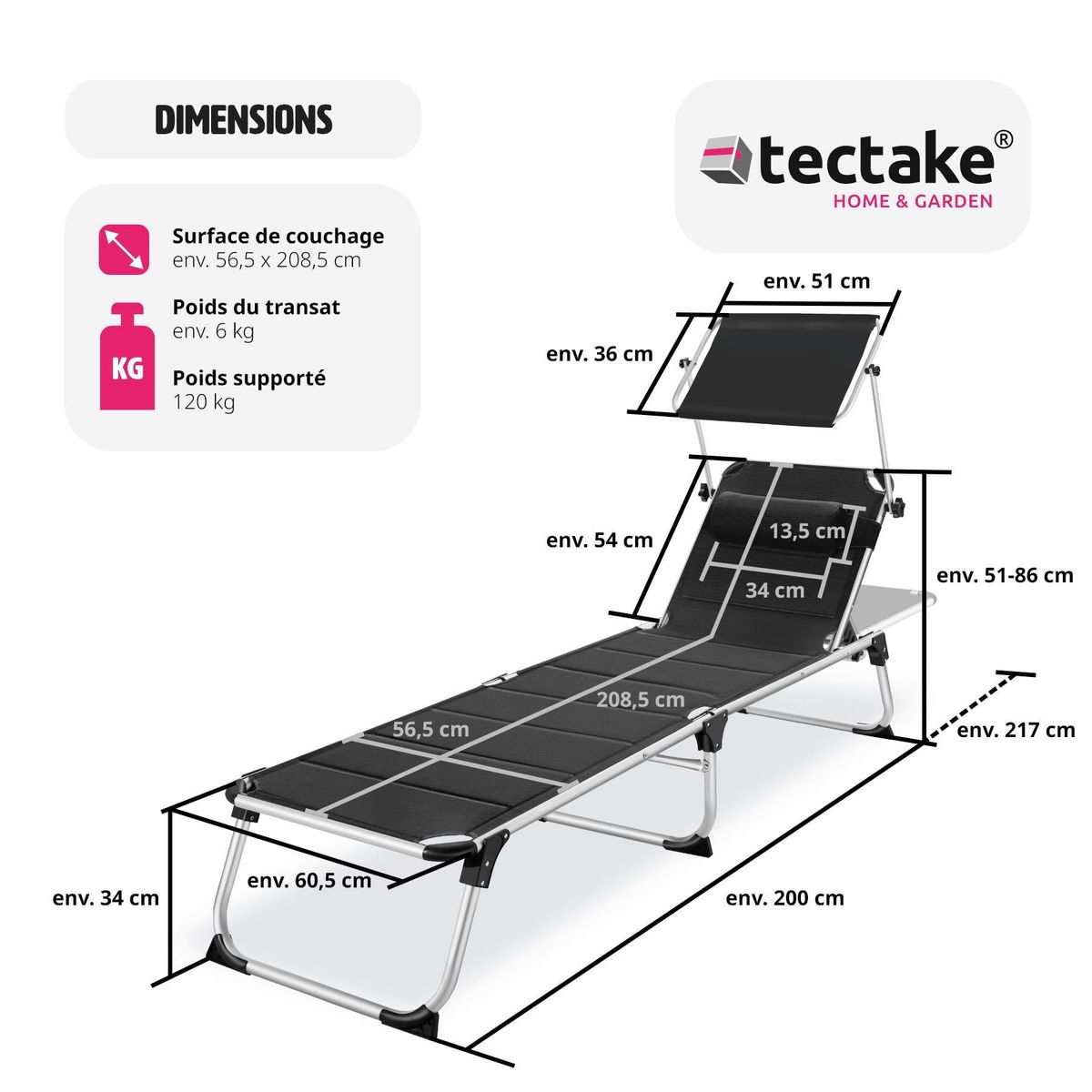 tectake Bain de soleil Transat Chaise longue Rembourrage épais, Pliable noir