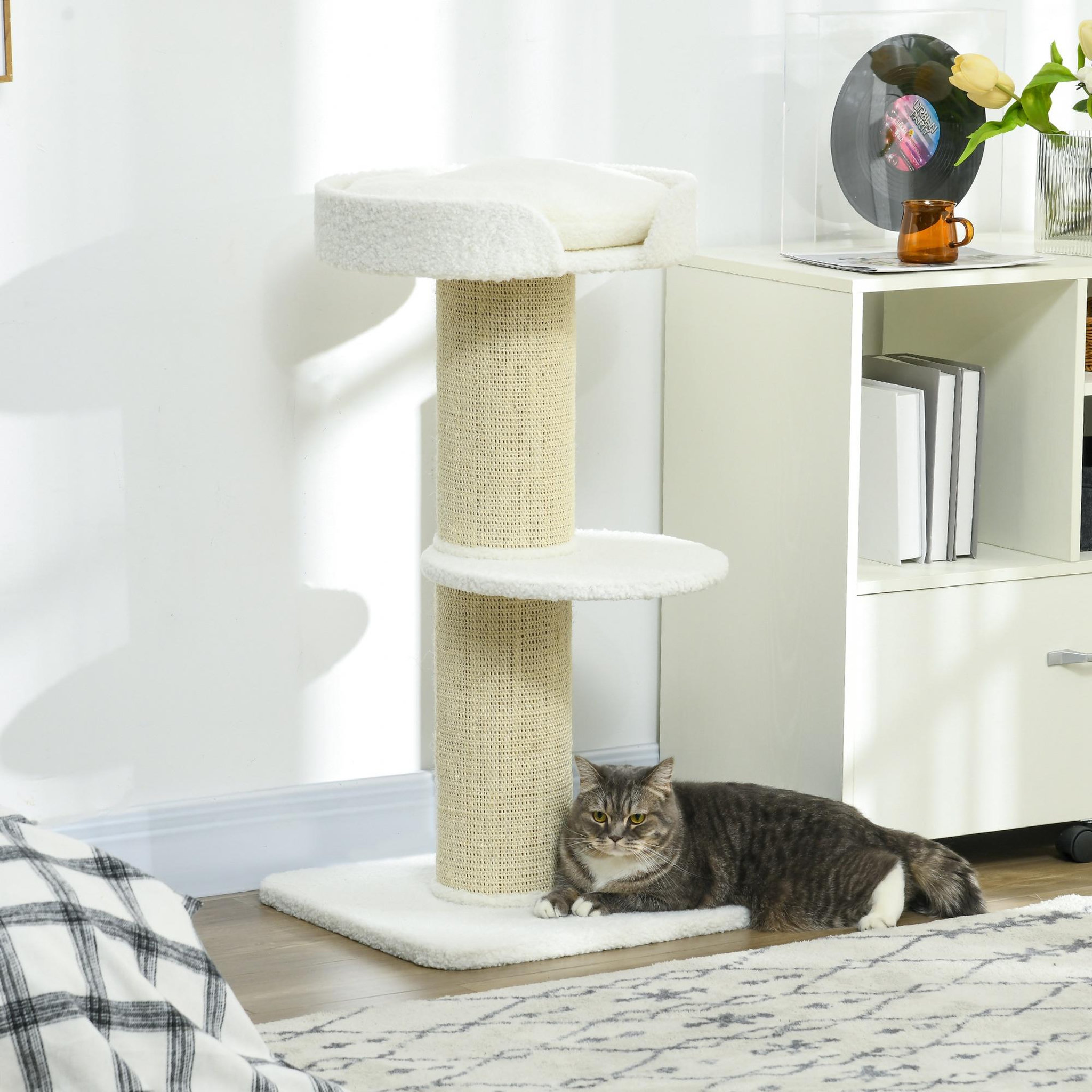 Voir la diapositive 4 : PAWHUT Arbre à chat avec griffoir centre d'activités 2 plateformes coussin crème