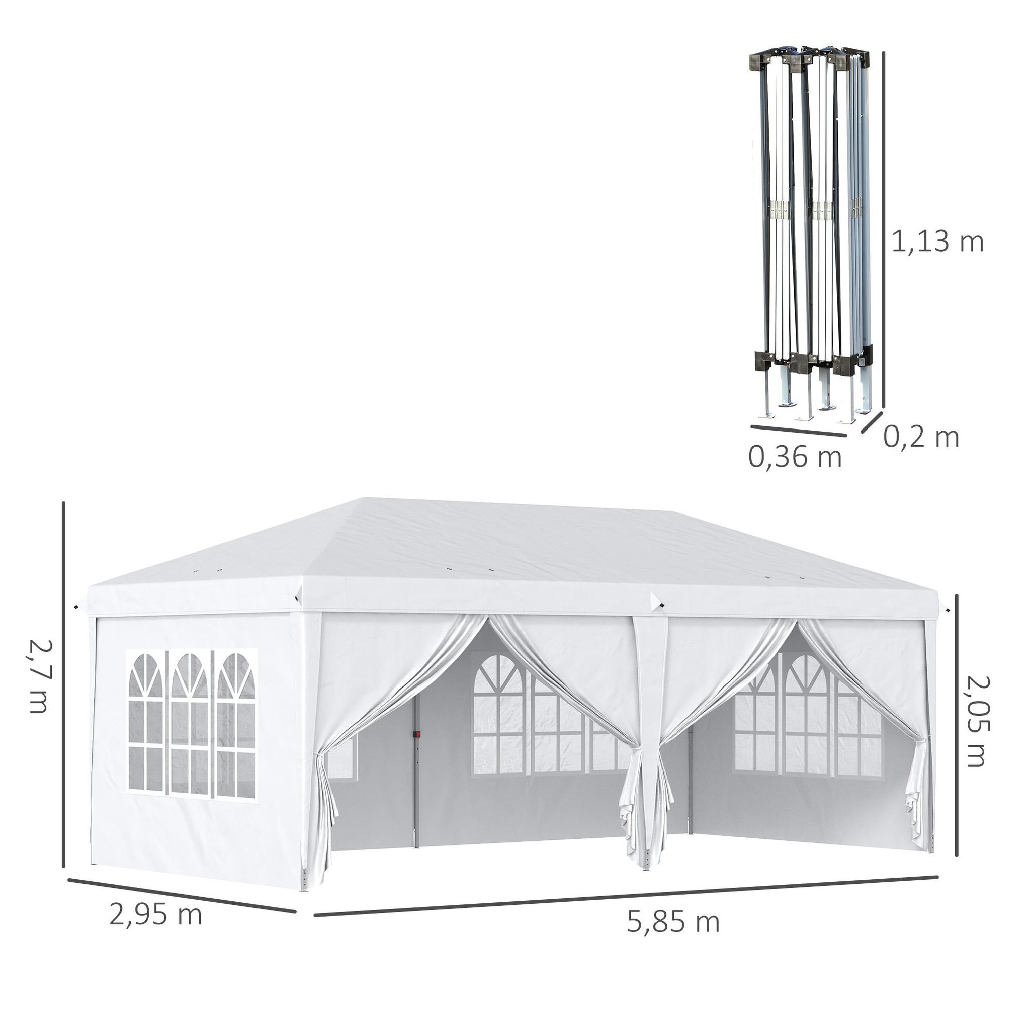 Voir la diapositive 3 : OUTSUNNY Tonnelle barnum pliant pop-up imperméabilisé 5,85L x 2,95l x 2,7H m 6 parois latérales amovibles 4 fenêtres + sac de transport blanc