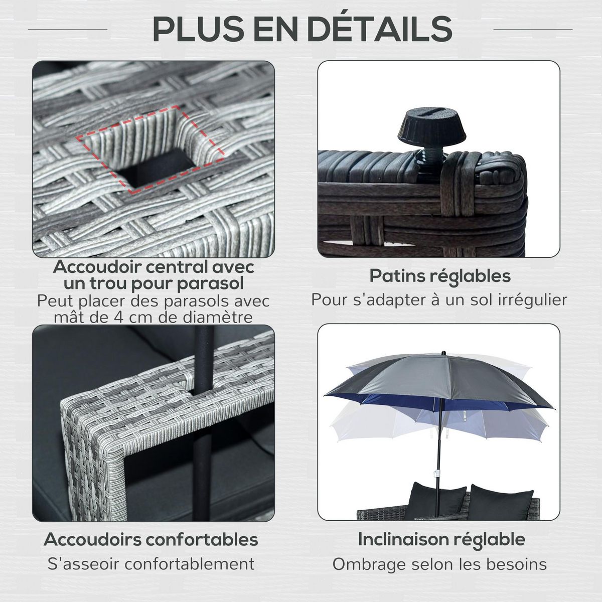 OUTSUNNY Ensemble salon de jardin 2 places 3 pièces - canapé 2 places, repose-pieds, parasol - coussins inclus - résine tressée gris