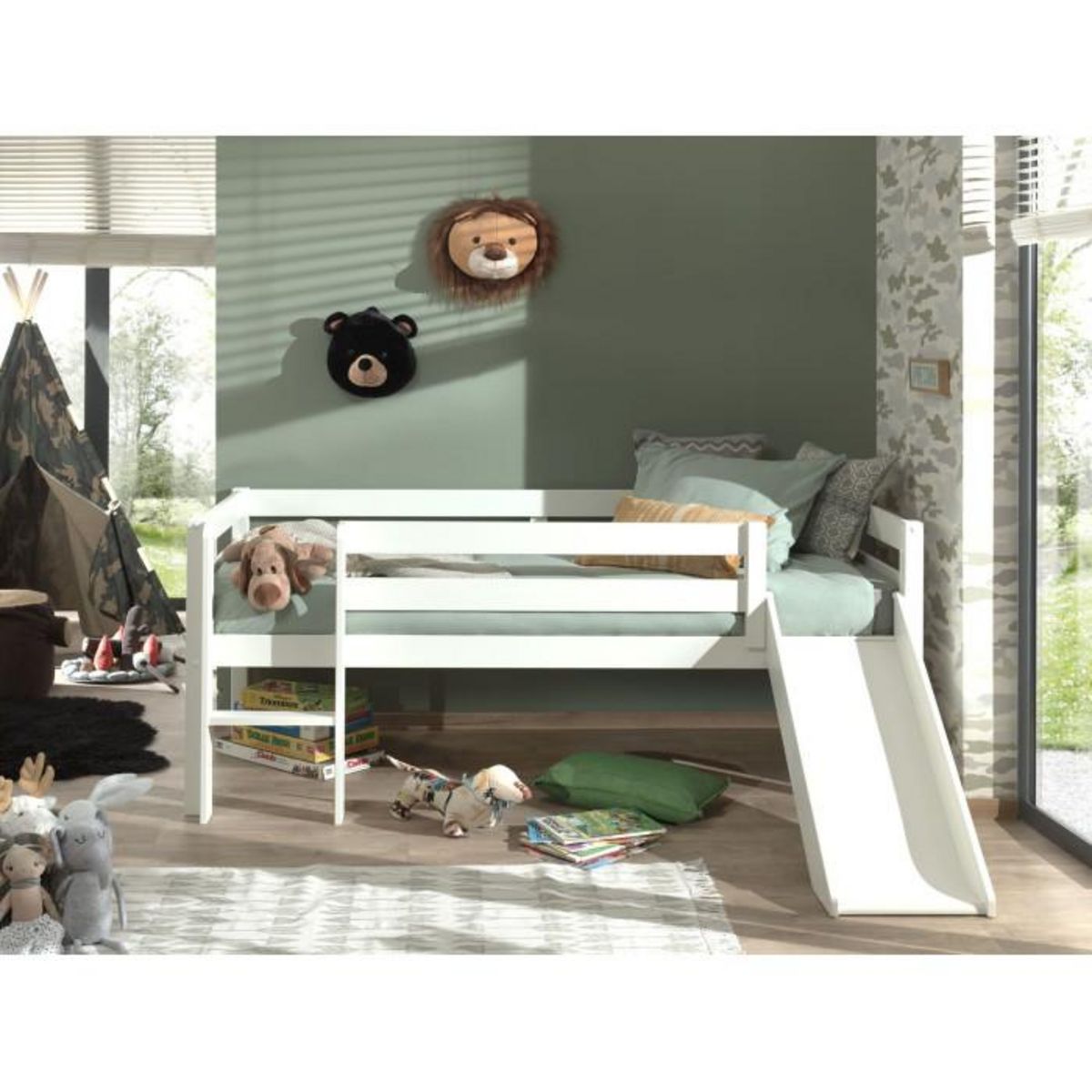 Paris Prix Lit Enfant Surélevé & Toboggan  Pino  90x200cm Blanc