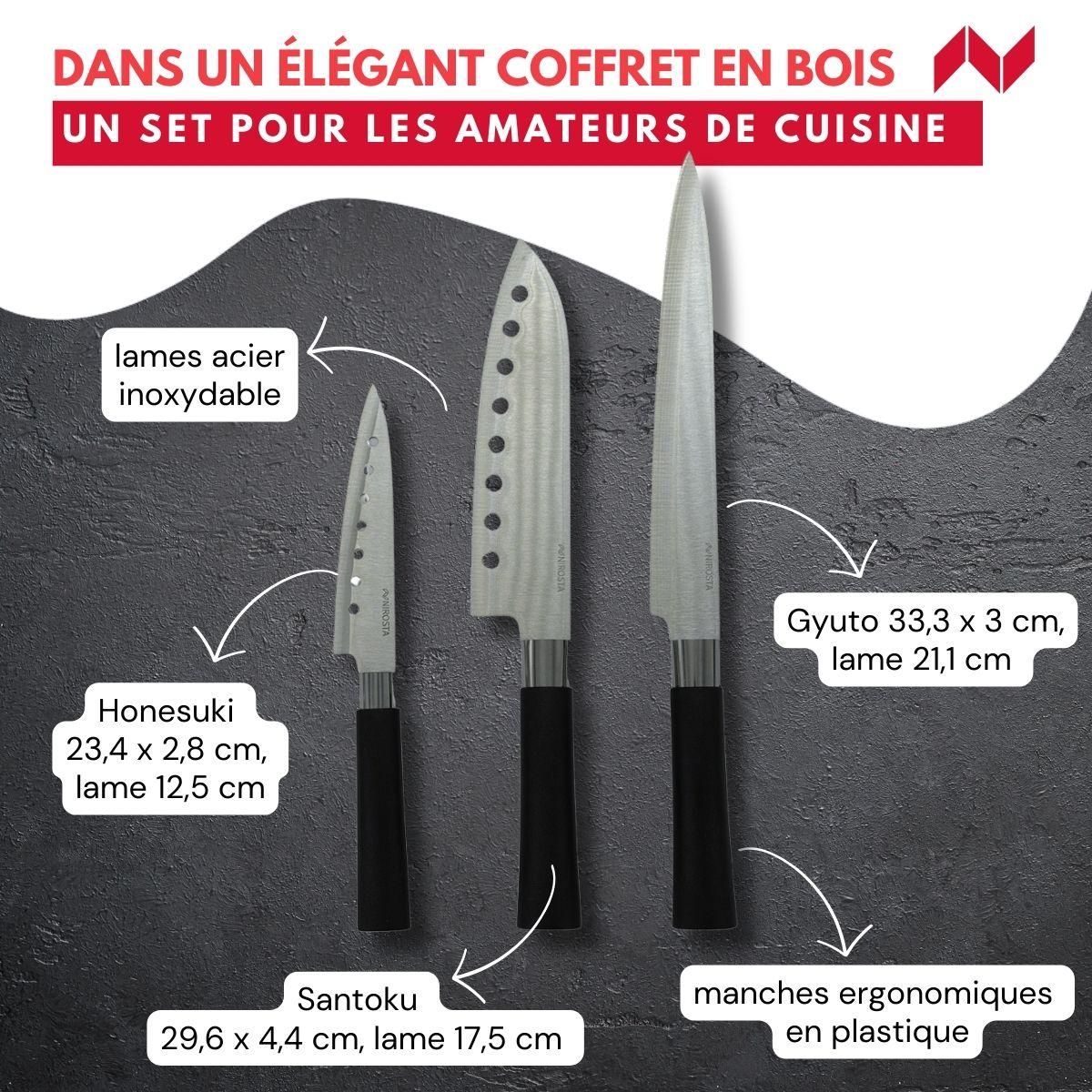 Fackelmann Coffret de 3 couteaux style Japonais en acier Santoku, Gyuto et Honesuki