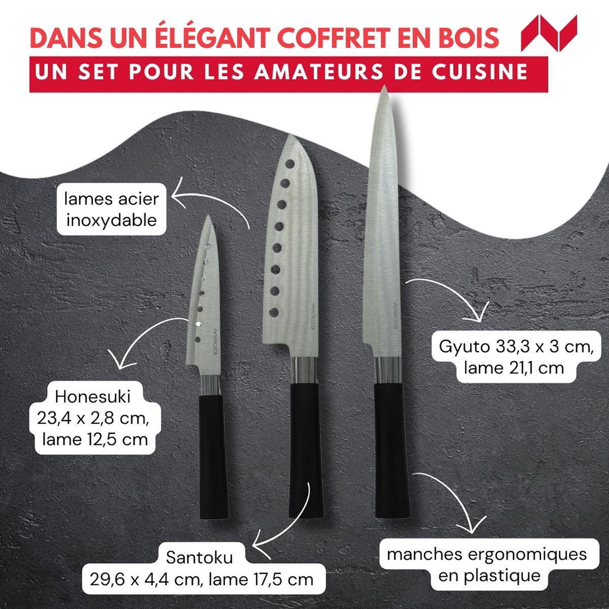 Fackelmann Coffret de 3 couteaux style Japonais en acier Santoku, Gyuto et Honesuki
