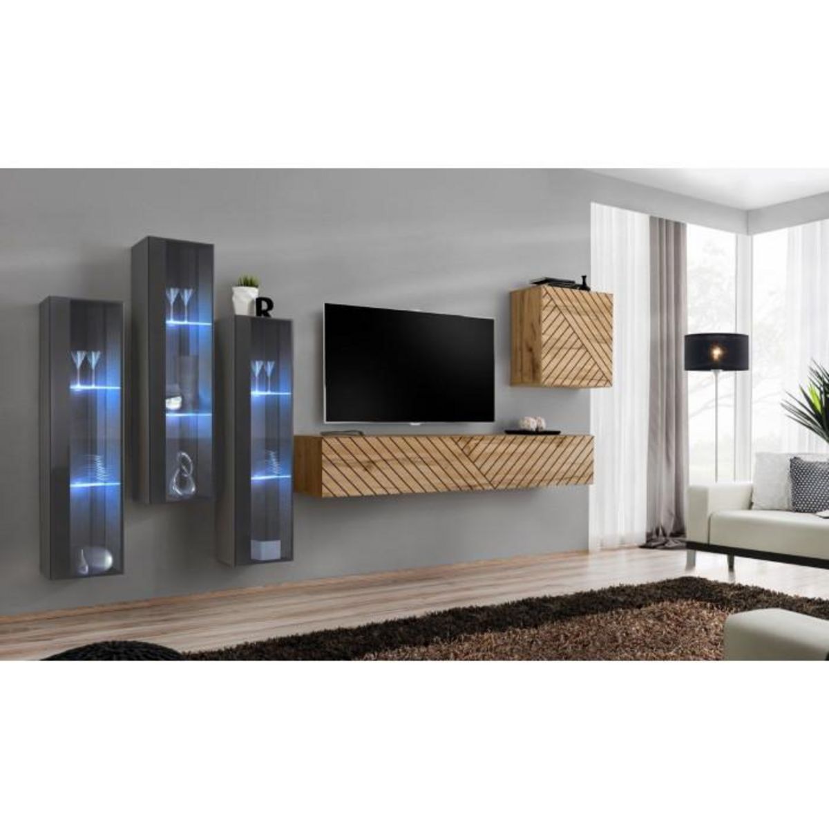 Paris Prix Ensemble Meuble TV  Switch Lamel XIII  330cm Naturel & Gris